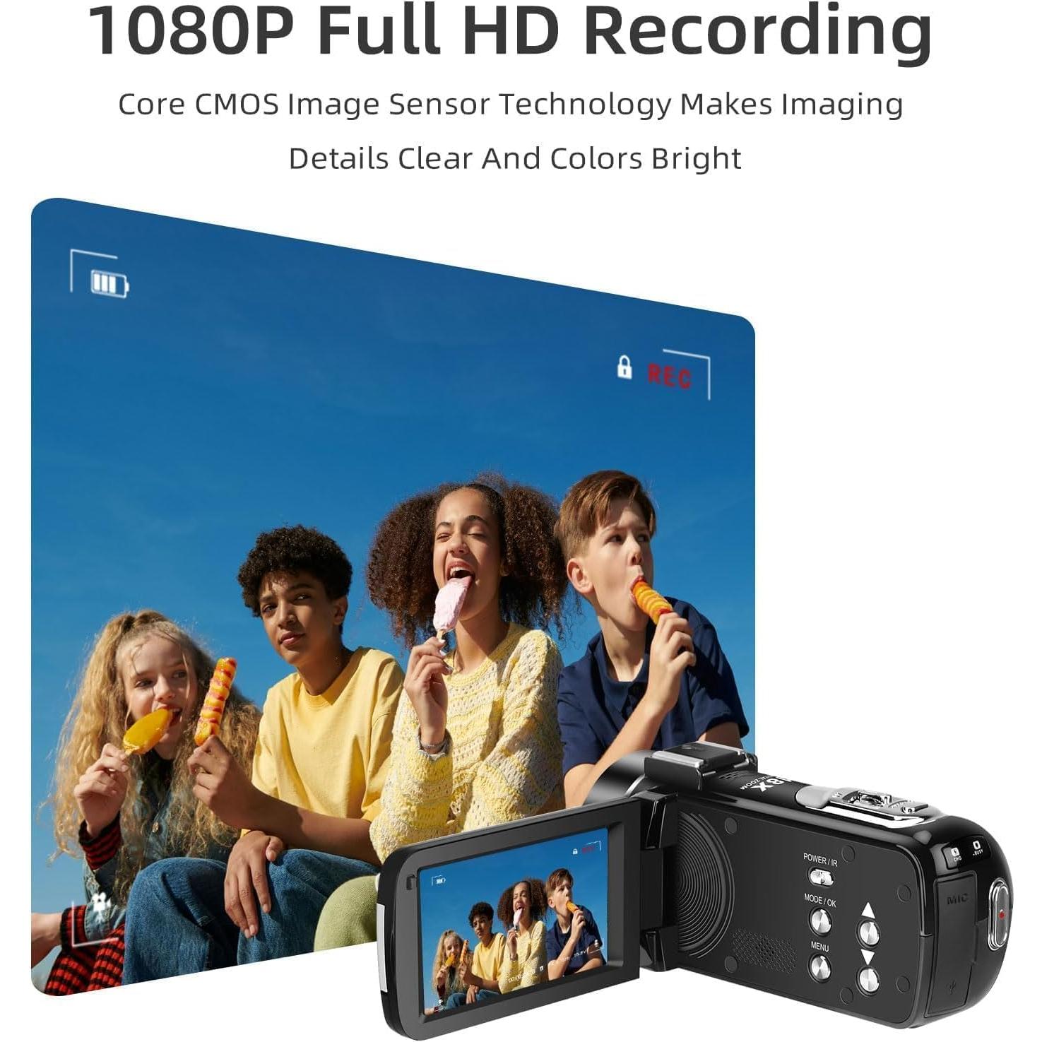 ORDRO Video Camera Camcorder Digital Camera Recorder Full HD 1080P 30FPS 30MP 3.0 Inch 270 Degree Rotation LCD 18X Digital Zoom with 16GB Card and 2 Batteries
