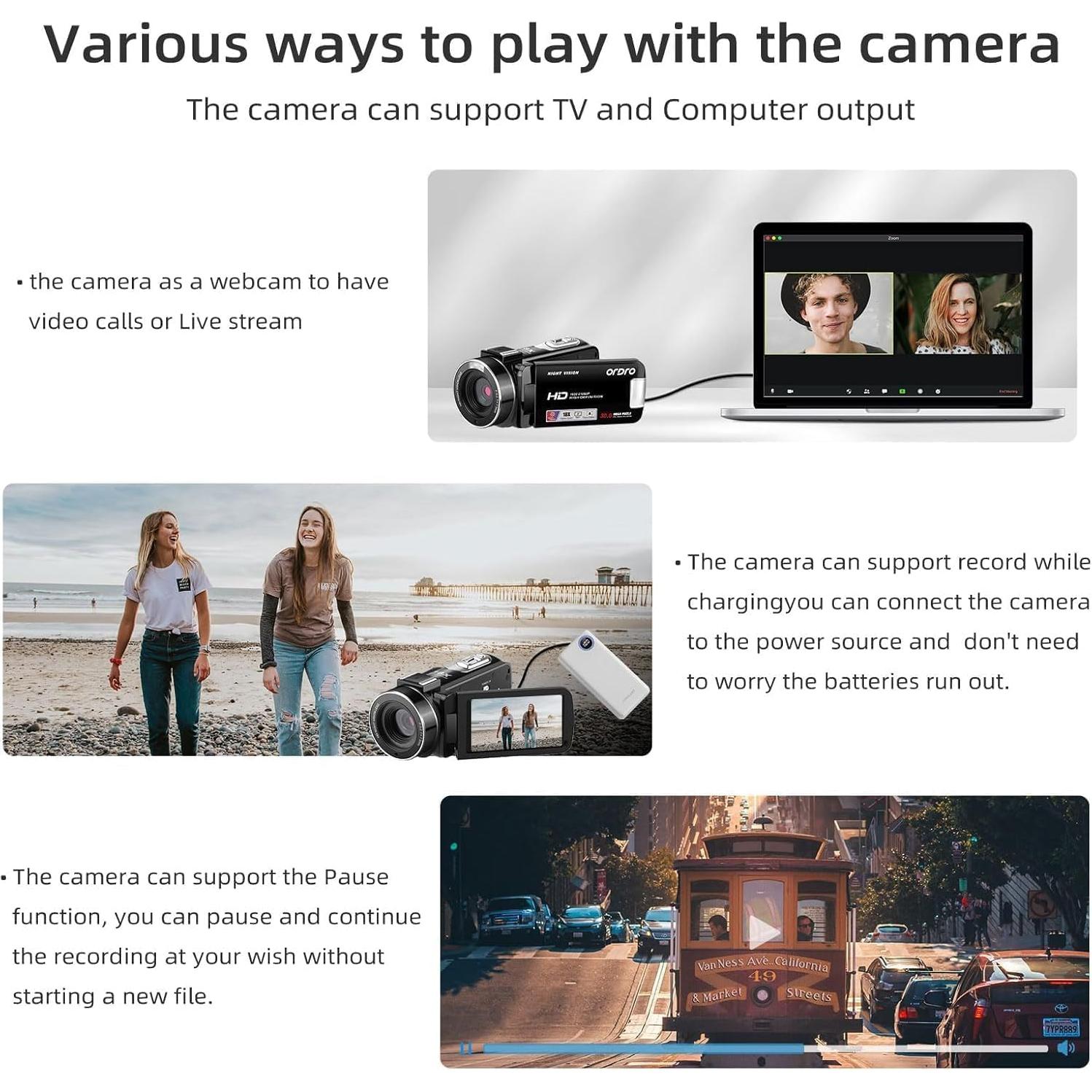 ORDRO Video Camera Camcorder Digital Camera Recorder Full HD 1080P 30FPS 30MP 3.0 Inch 270 Degree Rotation LCD 18X Digital Zoom with 16GB Card and 2 Batteries