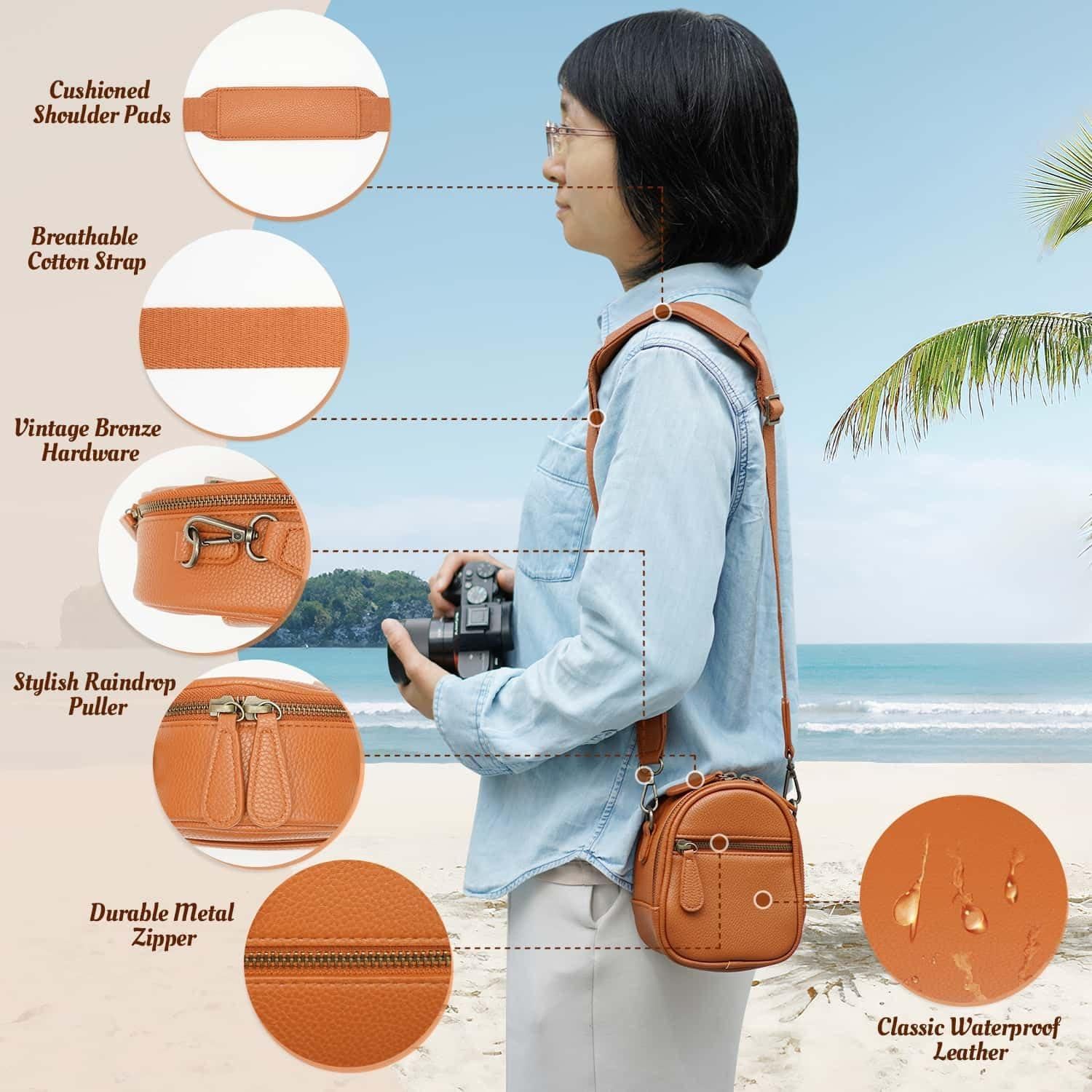 2L Small Camera Sling Bag for Women and Men, Waterproof PU Leather Crossbody Bag for Small Mirrorless Cameras, Shockproof Travel Case（Not for Large DSLR） Brown