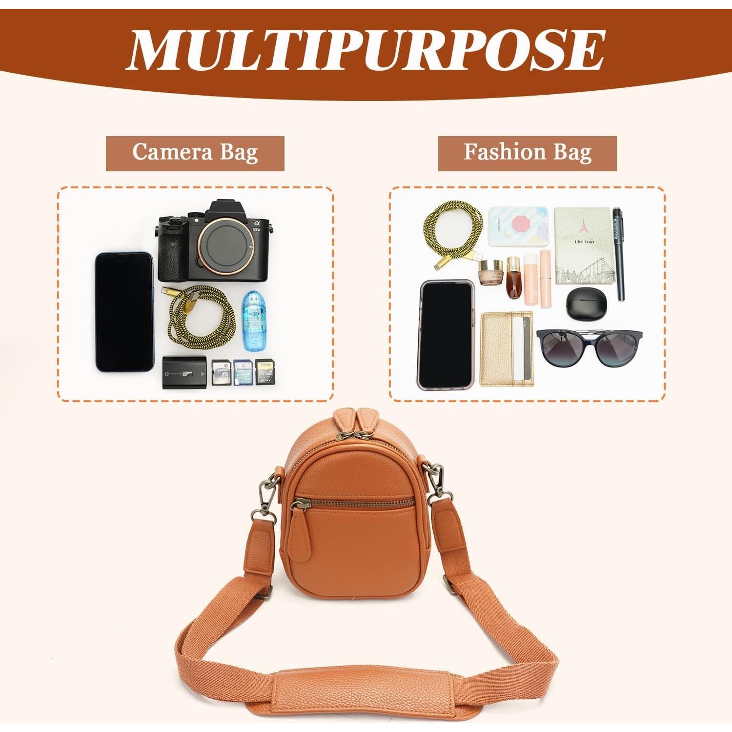 2L Small Camera Sling Bag for Women and Men, Waterproof PU Leather Crossbody Bag for Small Mirrorless Cameras, Shockproof Travel Case（Not for Large DSLR） Brown