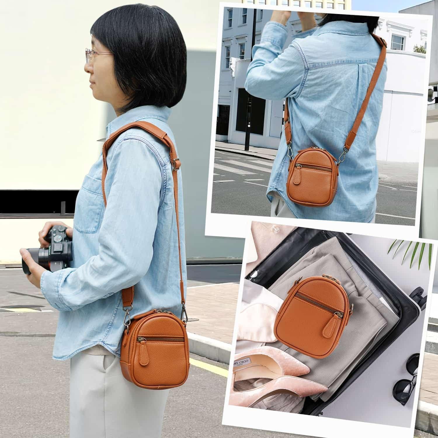 2L Small Camera Sling Bag for Women and Men, Waterproof PU Leather Crossbody Bag for Small Mirrorless Cameras, Shockproof Travel Case（Not for Large DSLR） Brown