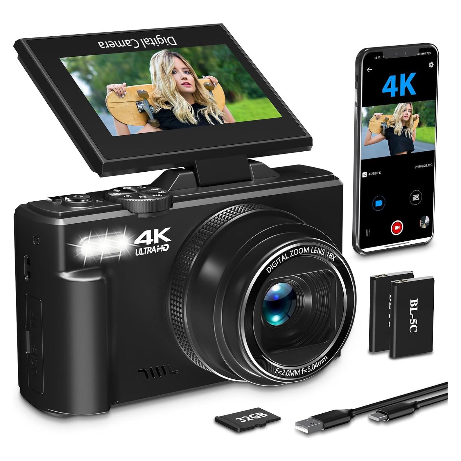 4K Digital Camera for Photography with 3" 180°Flip Screen,64MP Vlogging Camera for YouTube, HD WiFi Compact Camera with Flash, 18X Digital Zoom, 32GB TF Card & 2 Batteries（Black）