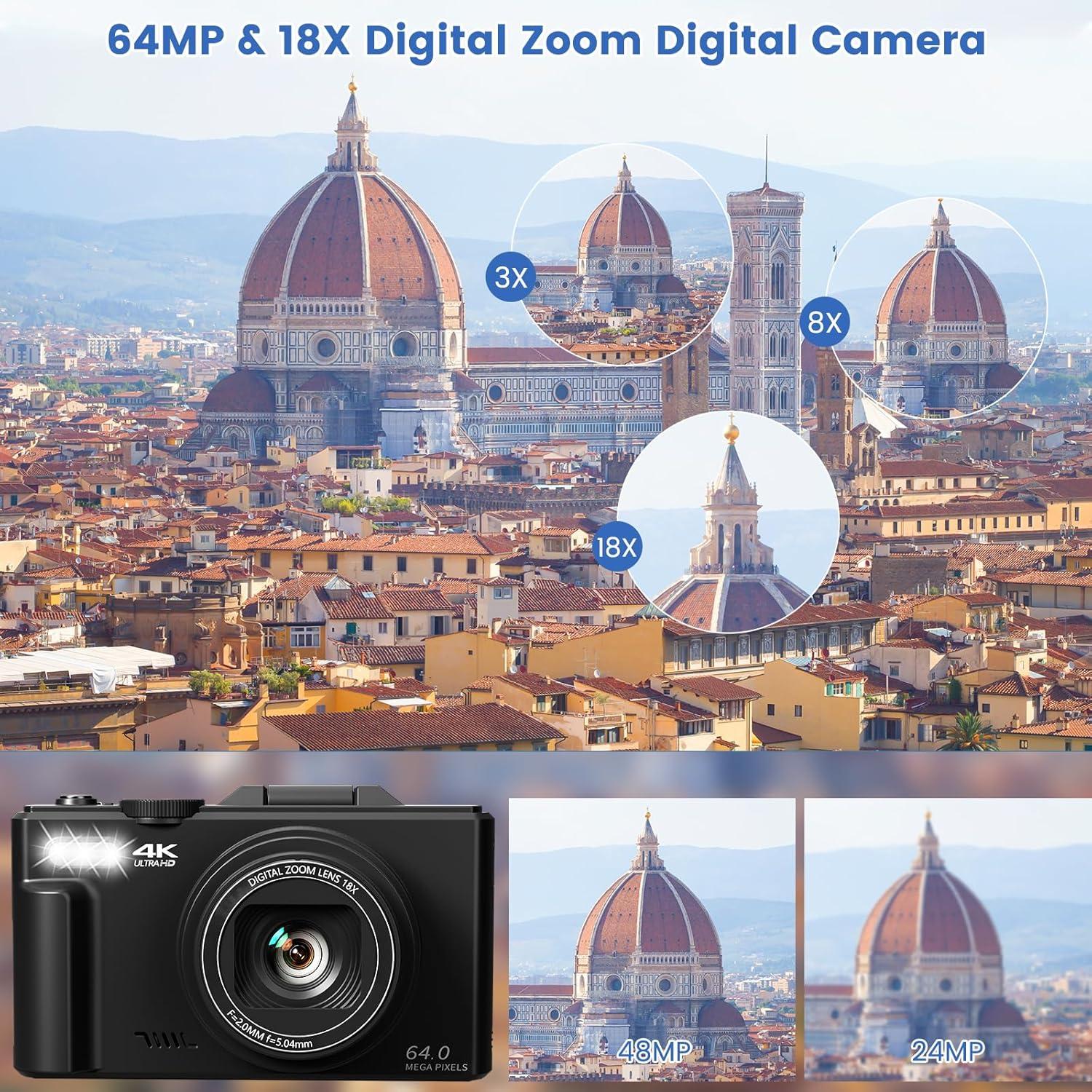 4K Digital Camera for Photography with 3" 180°Flip Screen,64MP Vlogging Camera for YouTube, HD WiFi Compact Camera with Flash, 18X Digital Zoom, 32GB TF Card & 2 Batteries（Black）