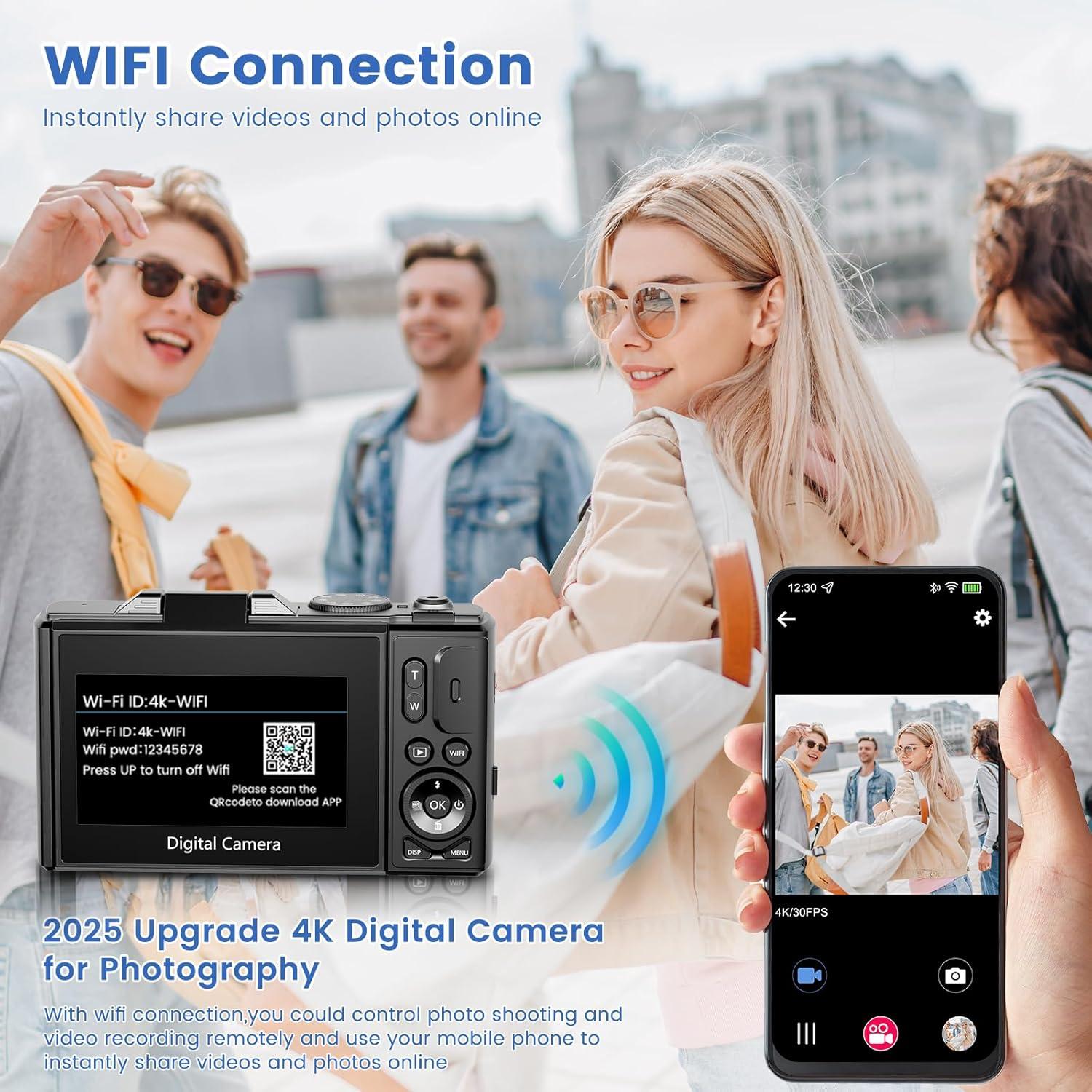 4K Digital Camera for Photography with 3" 180°Flip Screen,64MP Vlogging Camera for YouTube, HD WiFi Compact Camera with Flash, 18X Digital Zoom, 32GB TF Card & 2 Batteries（Black）