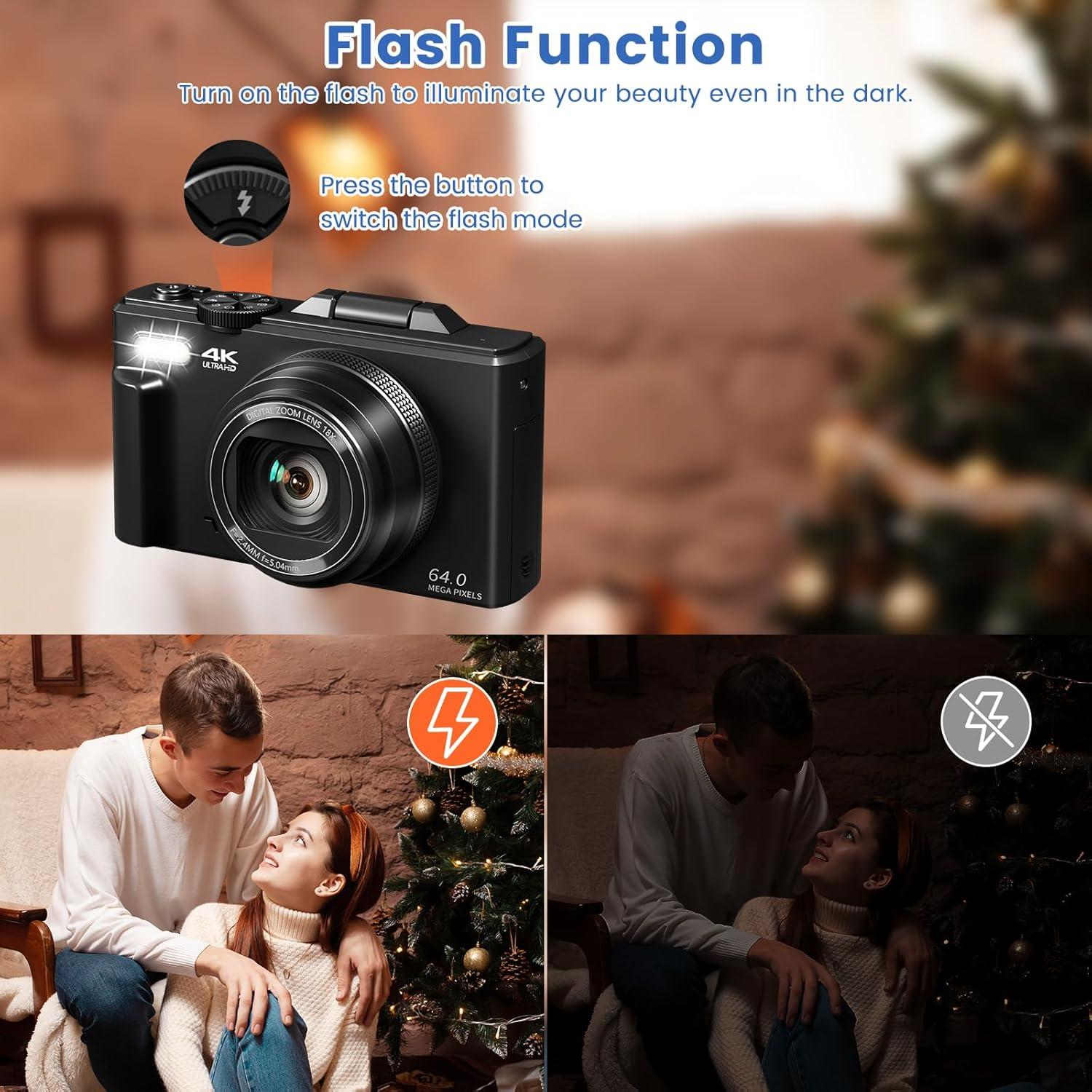 4K Digital Camera for Photography with 3" 180°Flip Screen,64MP Vlogging Camera for YouTube, HD WiFi Compact Camera with Flash, 18X Digital Zoom, 32GB TF Card & 2 Batteries（Black）