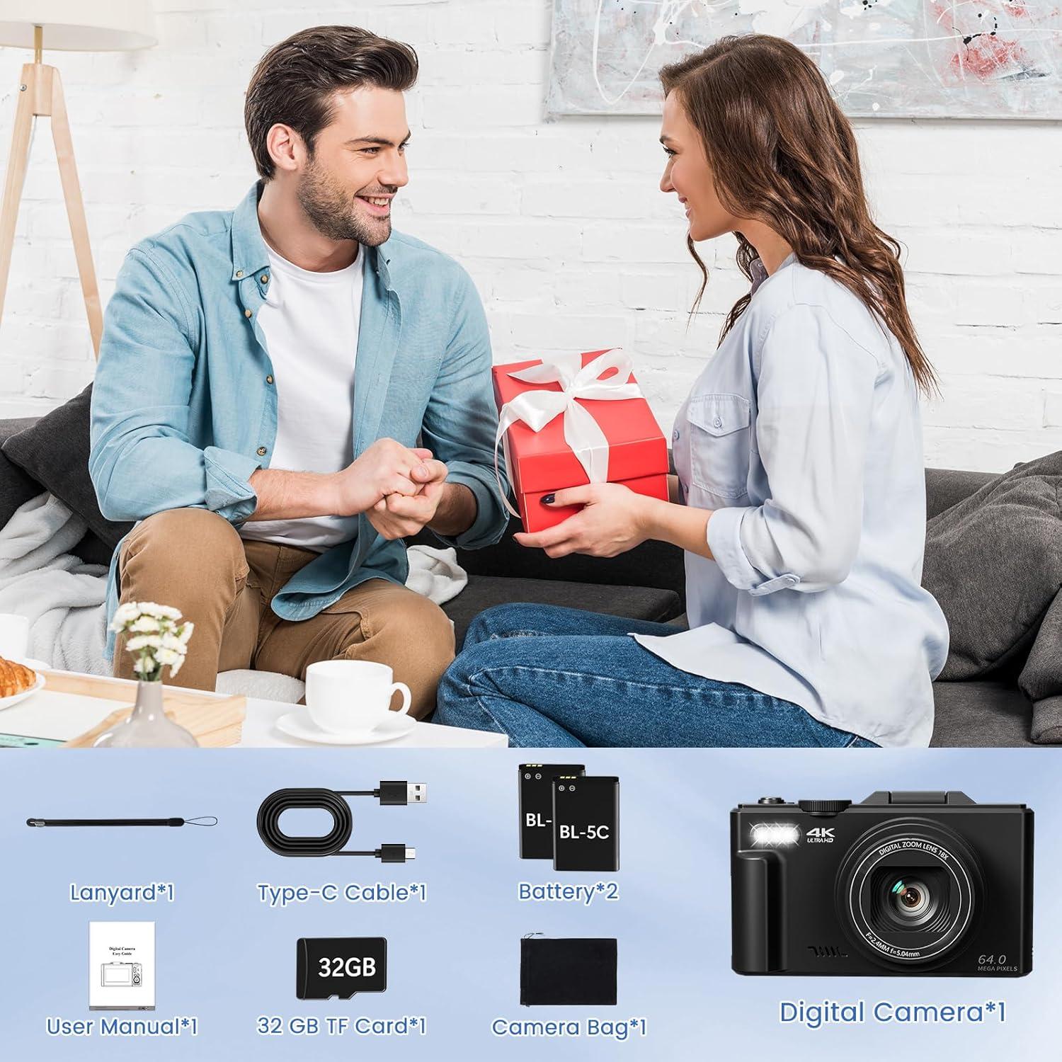 4K Digital Camera for Photography with 3" 180°Flip Screen,64MP Vlogging Camera for YouTube, HD WiFi Compact Camera with Flash, 18X Digital Zoom, 32GB TF Card & 2 Batteries（Black）