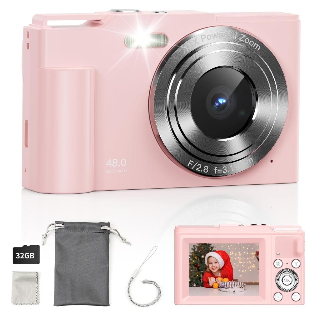 Digital Camera for Kids, FHD 1080P Point and Shoot Children's Camera with 16X Digital Zoom, Anti-Shake, Flash, 32GB Card, Portable Compact Travel Camera for Boys, Girls (Pink)