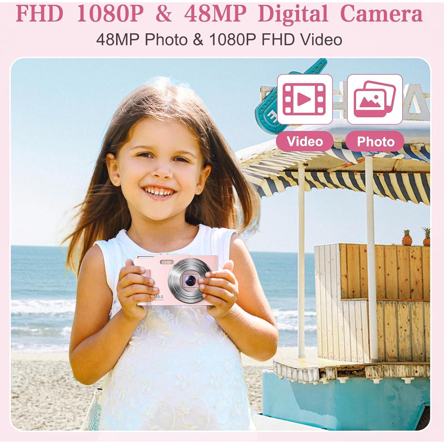 Digital Camera for Kids, FHD 1080P Point and Shoot Children's Camera with 16X Digital Zoom, Anti-Shake, Flash, 32GB Card, Portable Compact Travel Camera for Boys, Girls (Pink)