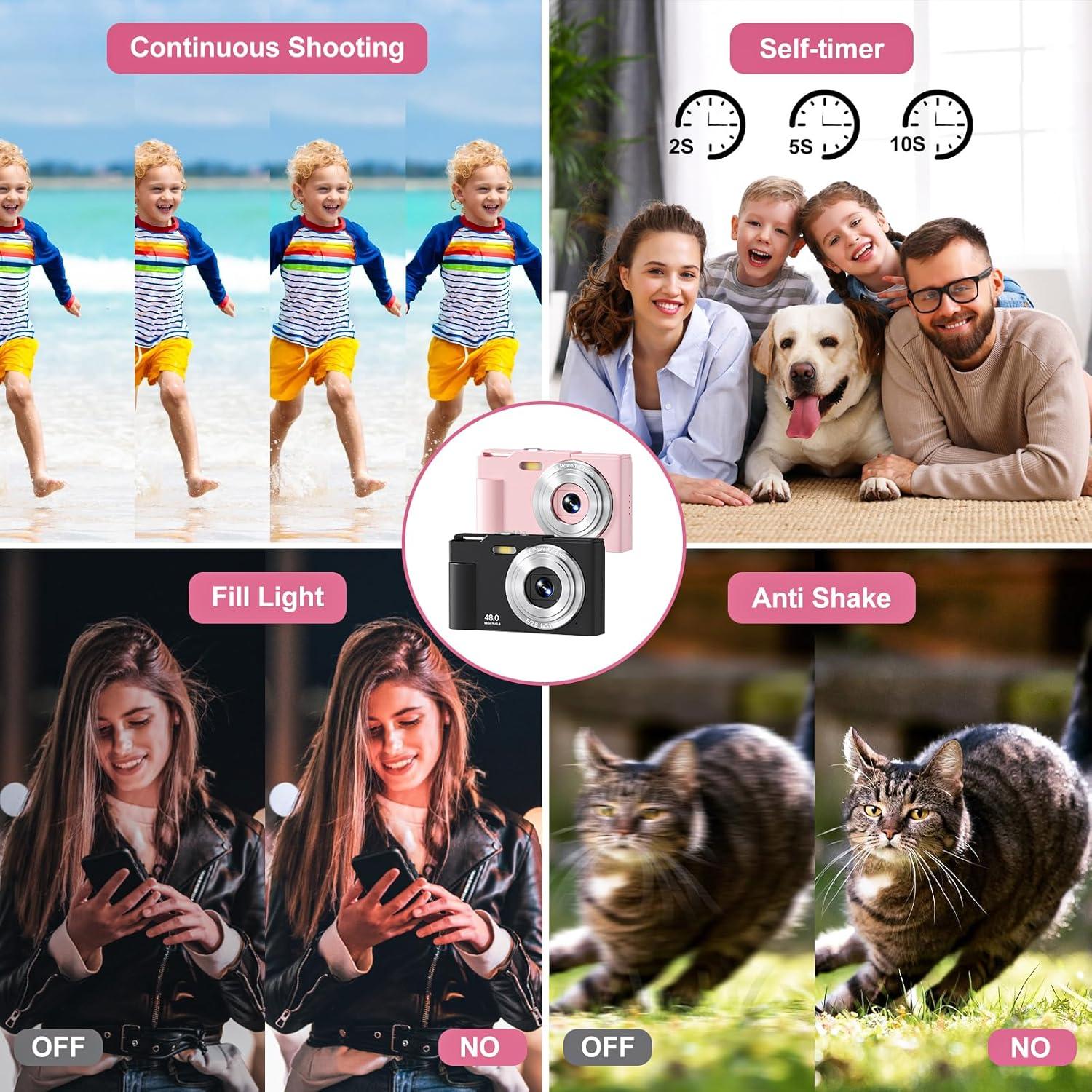 Digital Camera for Kids, FHD 1080P Point and Shoot Children's Camera with 16X Digital Zoom, Anti-Shake, Flash, 32GB Card, Portable Compact Travel Camera for Boys, Girls (Pink)