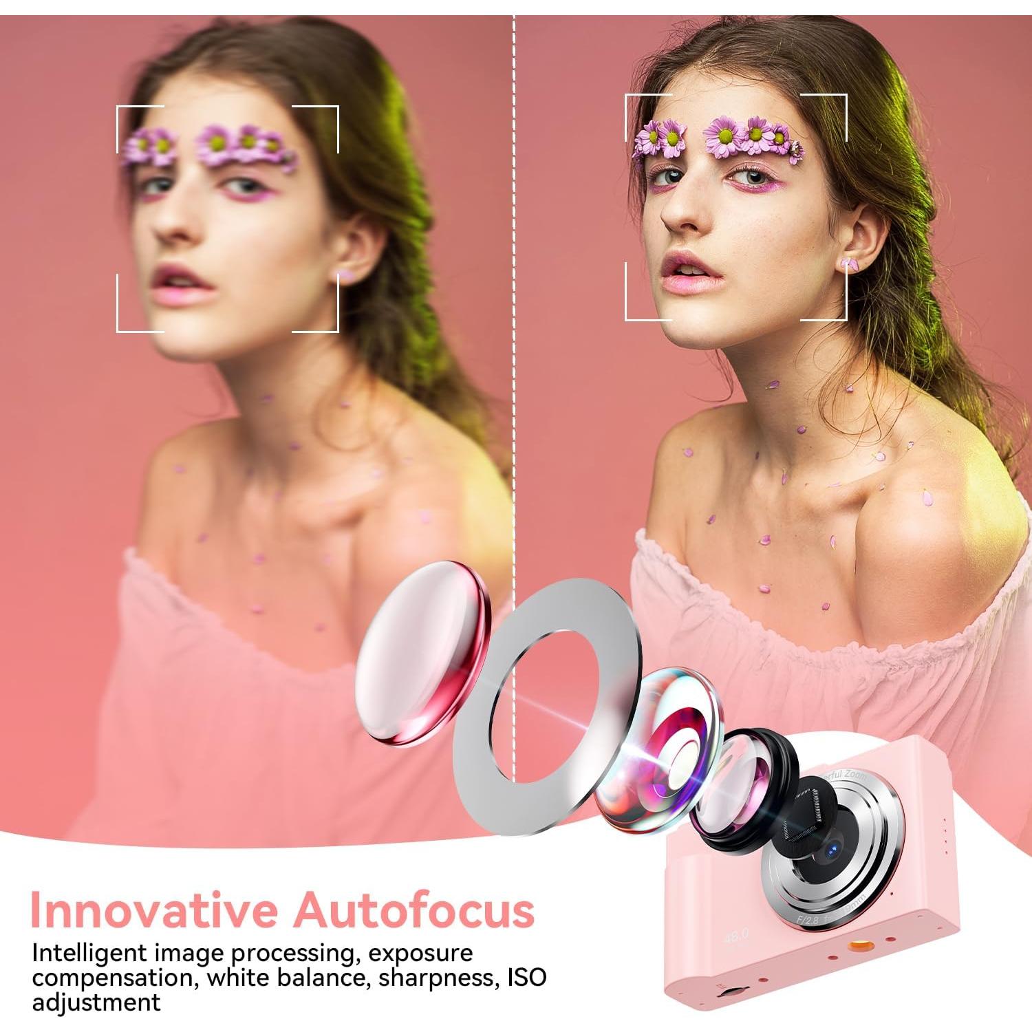 Digital Camera for Kids, FHD 1080P Point and Shoot Children's Camera with 16X Digital Zoom, Anti-Shake, Flash, 32GB Card, Portable Compact Travel Camera for Boys, Girls (Pink)