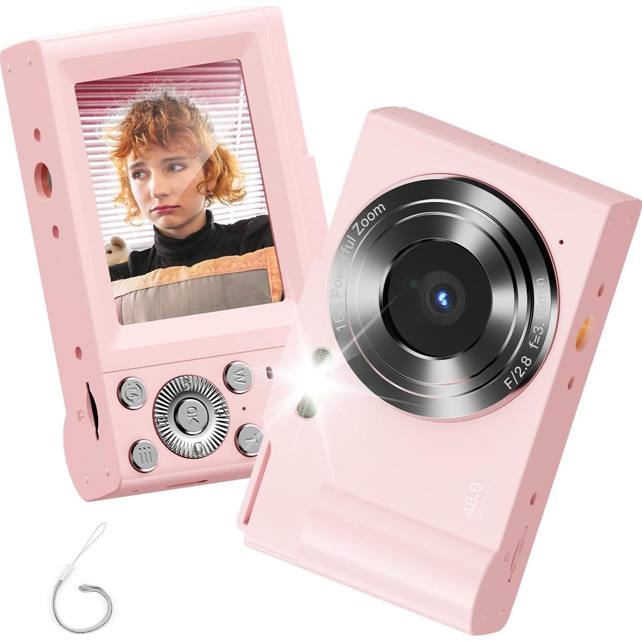 Digital Camera for Kids, FHD 1080P Point and Shoot Children's Camera with 16X Digital Zoom, Anti-Shake, Flash, 32GB Card, Portable Compact Travel Camera for Boys, Girls (Pink)