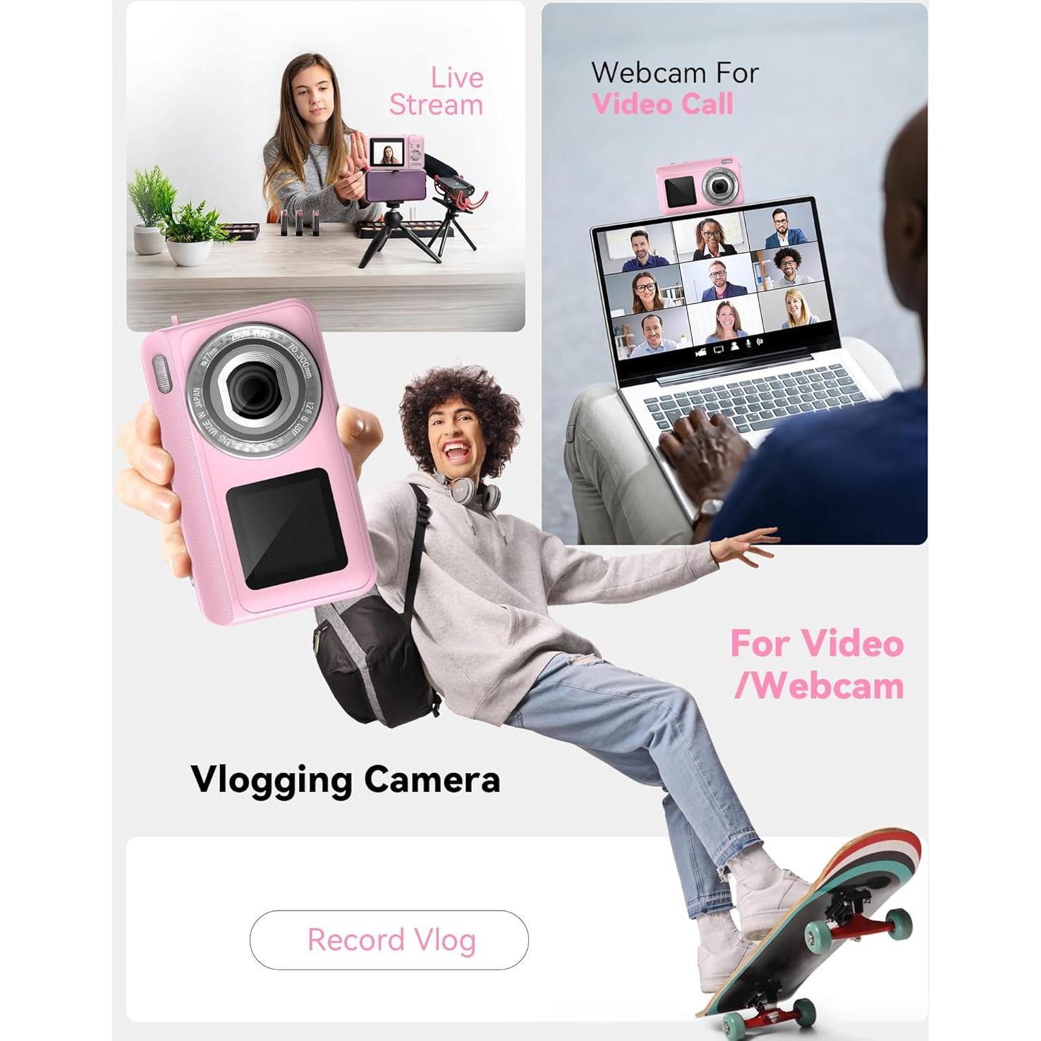 Cámara Digital Jexylon CA06 2.7K 48MP Rosa con Zoom 18x