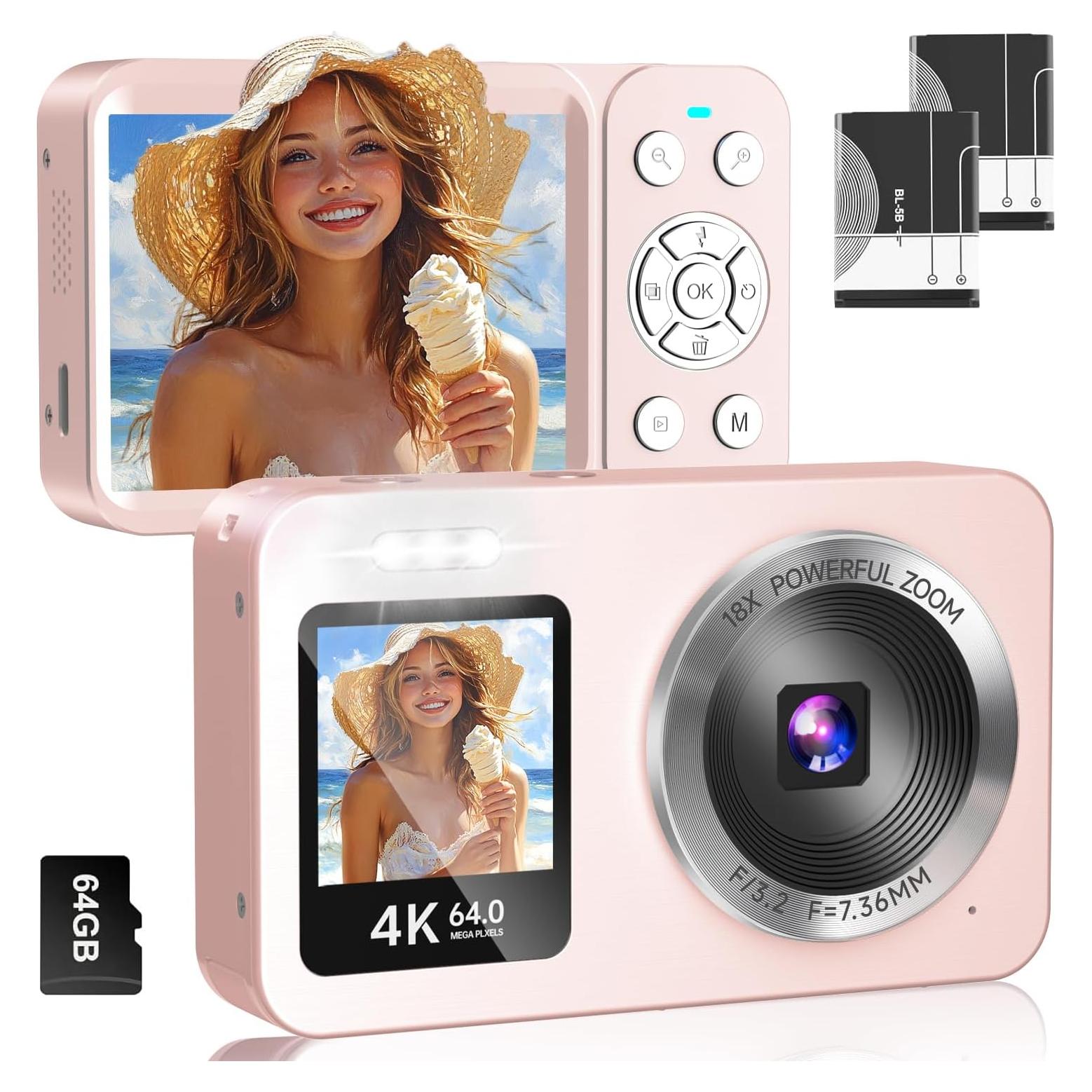Pink Digital Camera, 4K 64MP UHD Dual Screens Camera, 18X Zoom, Portable Small Point and Shoot Digital Cameras with 64GB TF Card, 2 Rechargeable Batteries for Kids, Teens, Adult, Gifts - Pink