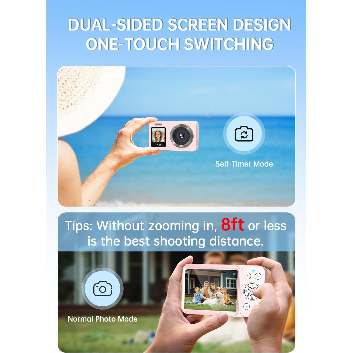 Pink Digital Camera, 4K 64MP UHD Dual Screens Camera, 18X Zoom, Portable Small Point and Shoot Digital Cameras with 64GB TF Card, 2 Rechargeable Batteries for Kids, Teens, Adult, Gifts - Pink