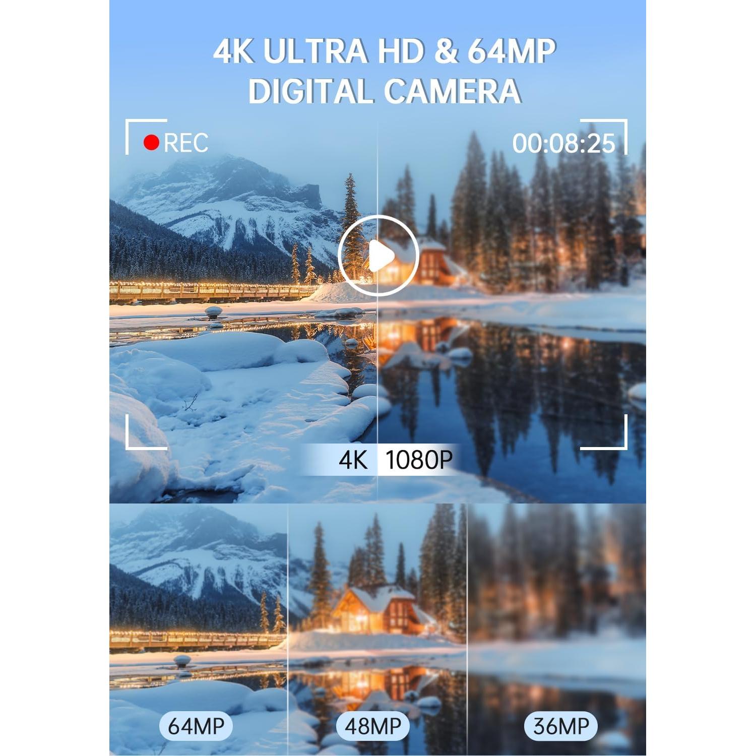 Pink Digital Camera, 4K 64MP UHD Dual Screens Camera, 18X Zoom, Portable Small Point and Shoot Digital Cameras with 64GB TF Card, 2 Rechargeable Batteries for Kids, Teens, Adult, Gifts - Pink