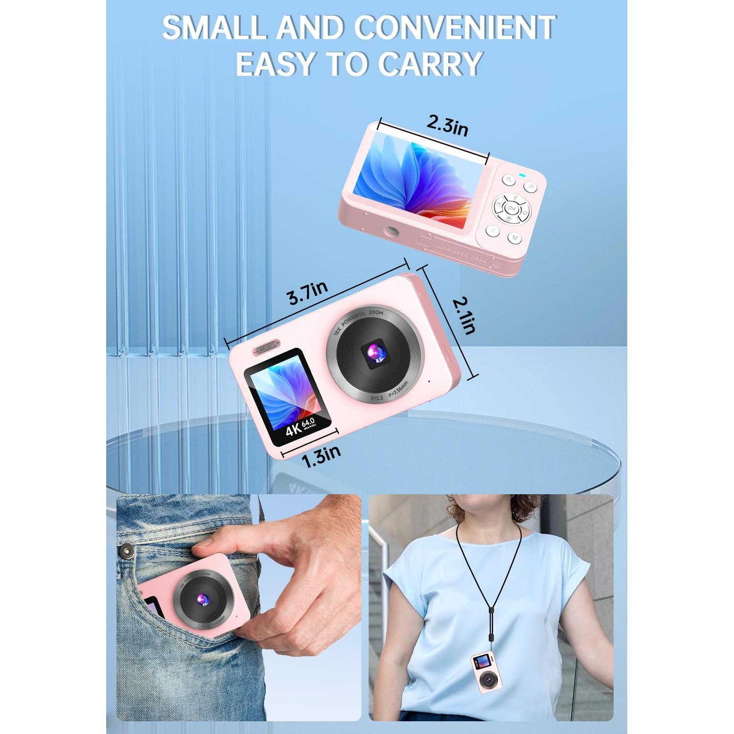 Pink Digital Camera, 4K 64MP UHD Dual Screens Camera, 18X Zoom, Portable Small Point and Shoot Digital Cameras with 64GB TF Card, 2 Rechargeable Batteries for Kids, Teens, Adult, Gifts - Pink