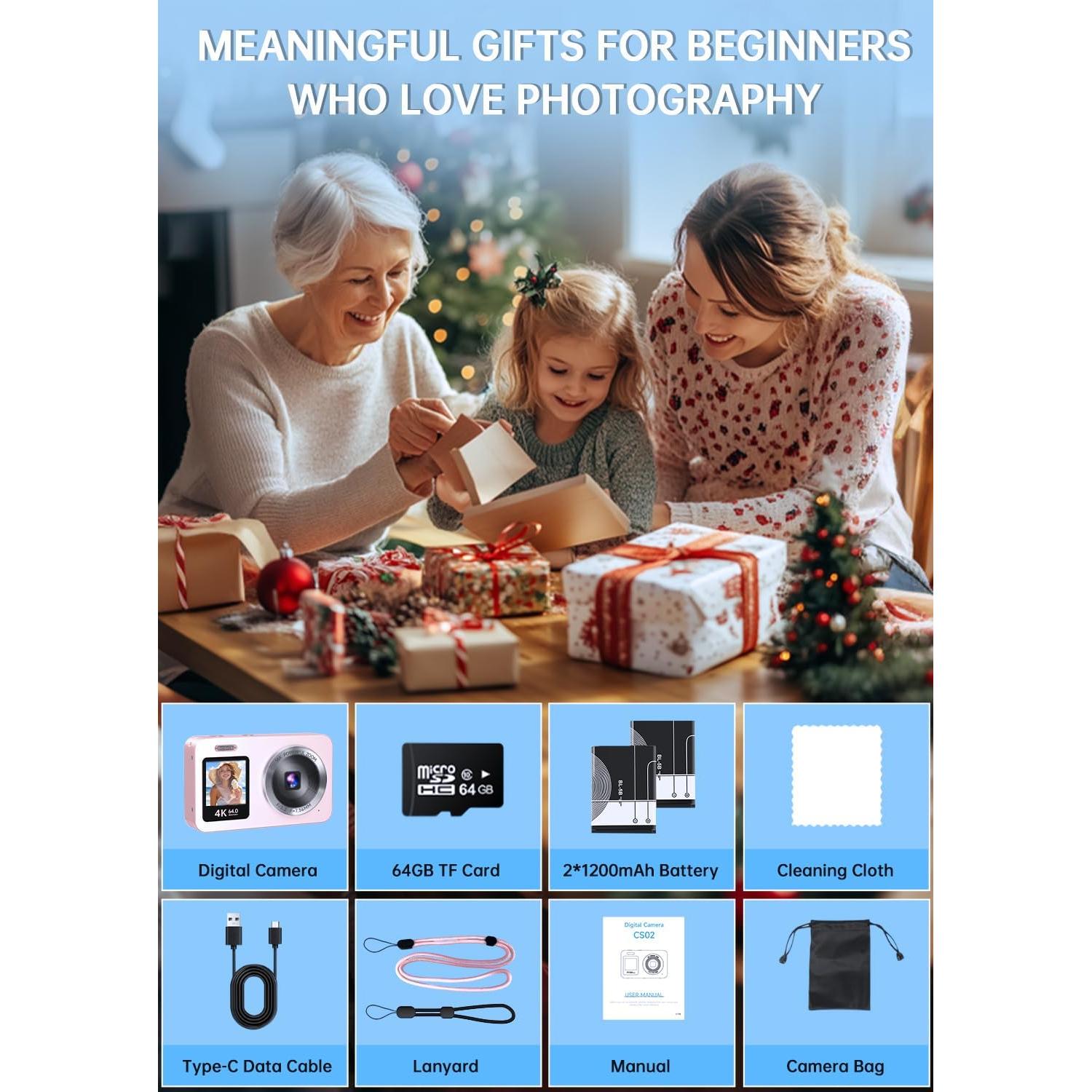 Pink Digital Camera, 4K 64MP UHD Dual Screens Camera, 18X Zoom, Portable Small Point and Shoot Digital Cameras with 64GB TF Card, 2 Rechargeable Batteries for Kids, Teens, Adult, Gifts - Pink