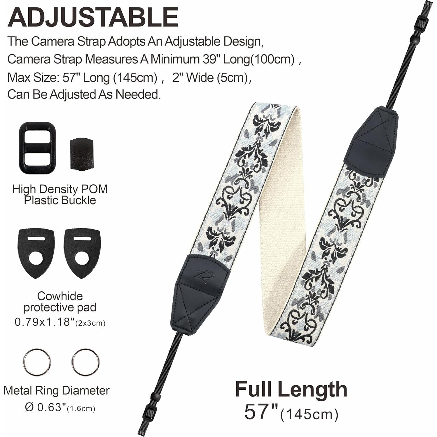 Correa de Cámara Padwa Lifestyle Bordado Gris 5cm Ajustable