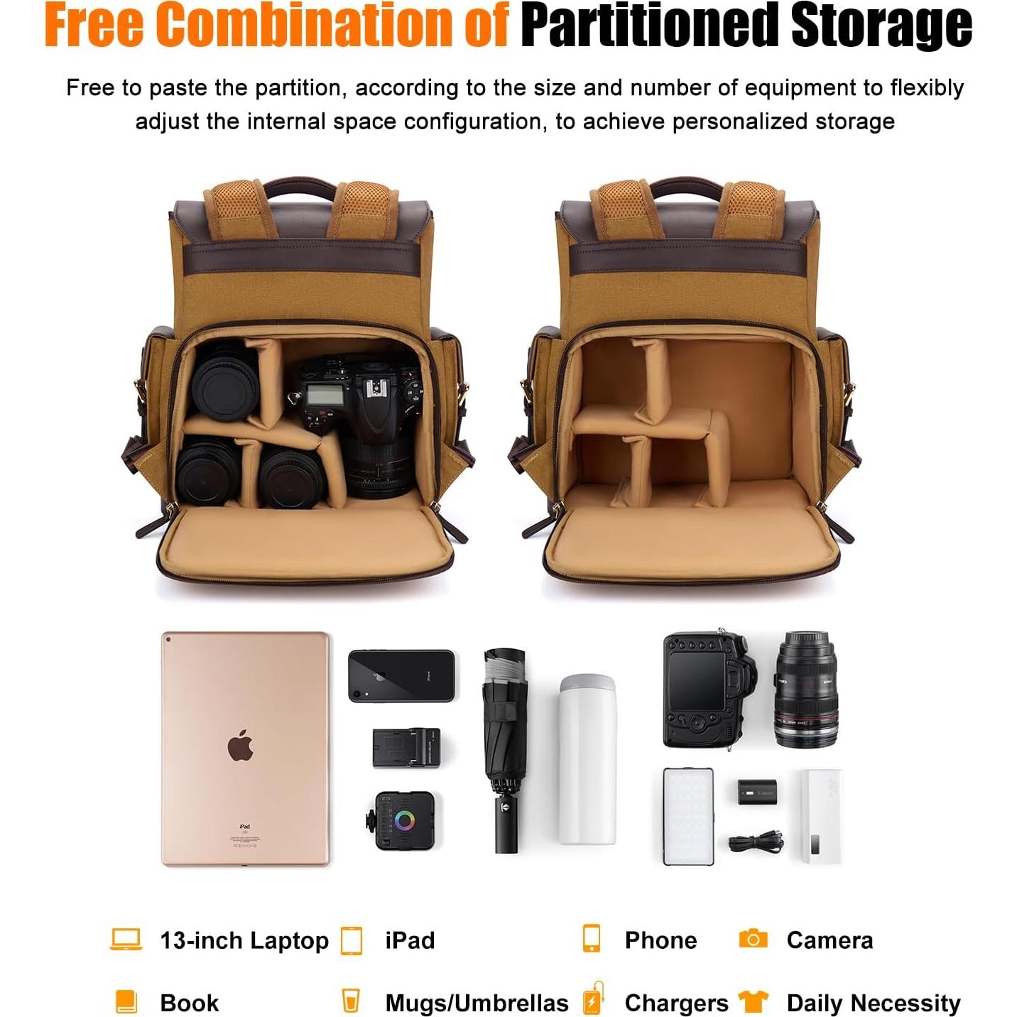 Mochila para cámara Cwatcun Caqui con compartimento para laptop 13"