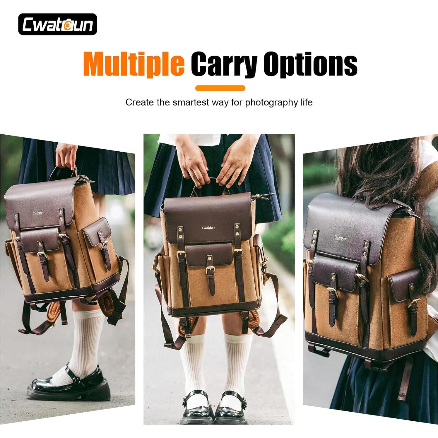 Mochila para cámara Cwatcun Caqui con compartimento para laptop 13"