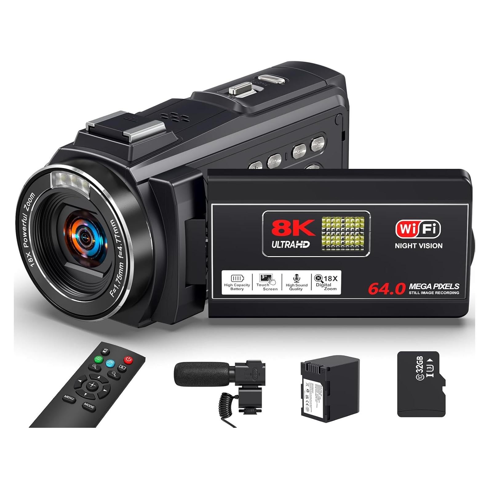 8K Video Camera 64MP Camcorder, 18X Digital Zoom with IR Night Version Vlogging Camera for Youtube, 3.0" IPS Touch Screen with one 4500mAh Battery, 32GB TF Card, Remote Control, Mic, and Adapter