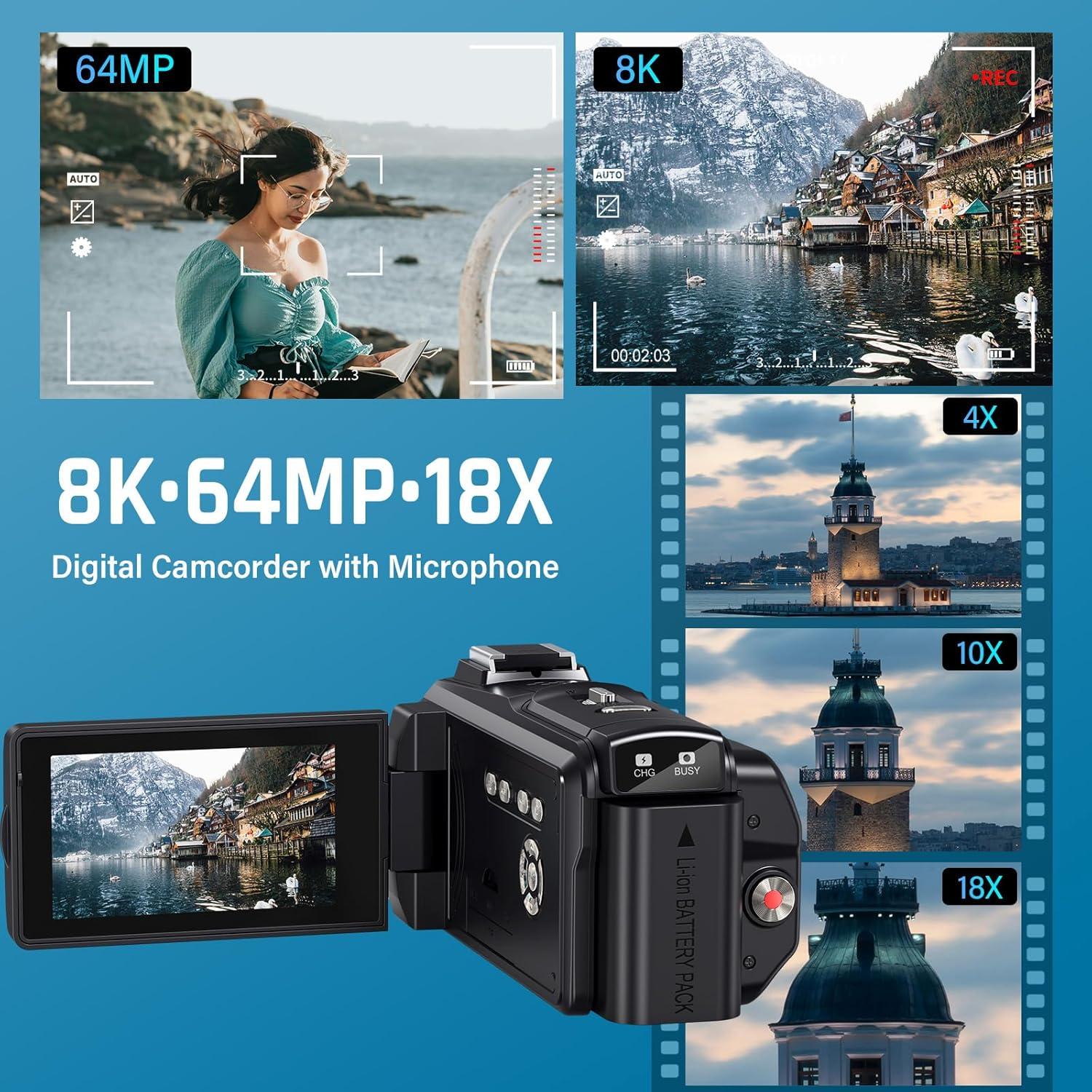 8K Video Camera 64MP Camcorder, 18X Digital Zoom with IR Night Version Vlogging Camera for Youtube, 3.0" IPS Touch Screen with one 4500mAh Battery, 32GB TF Card, Remote Control, Mic, and Adapter