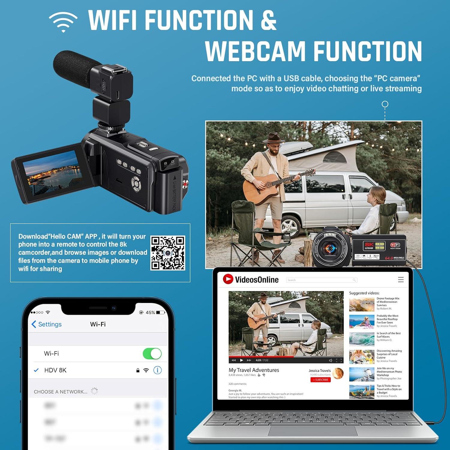 8K Video Camera 64MP Camcorder, 18X Digital Zoom with IR Night Version Vlogging Camera for Youtube, 3.0" IPS Touch Screen with one 4500mAh Battery, 32GB TF Card, Remote Control, Mic, and Adapter