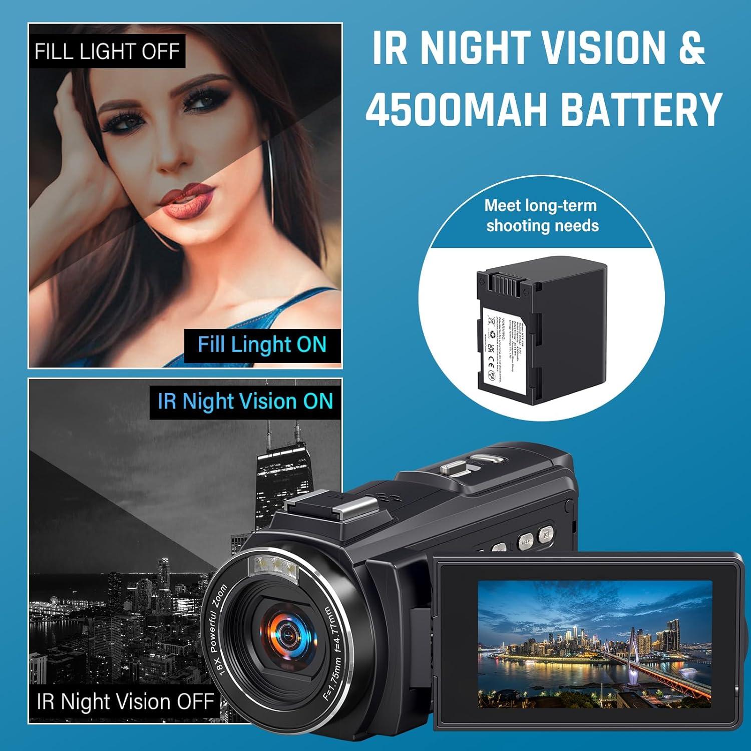 8K Video Camera 64MP Camcorder, 18X Digital Zoom with IR Night Version Vlogging Camera for Youtube, 3.0" IPS Touch Screen with one 4500mAh Battery, 32GB TF Card, Remote Control, Mic, and Adapter