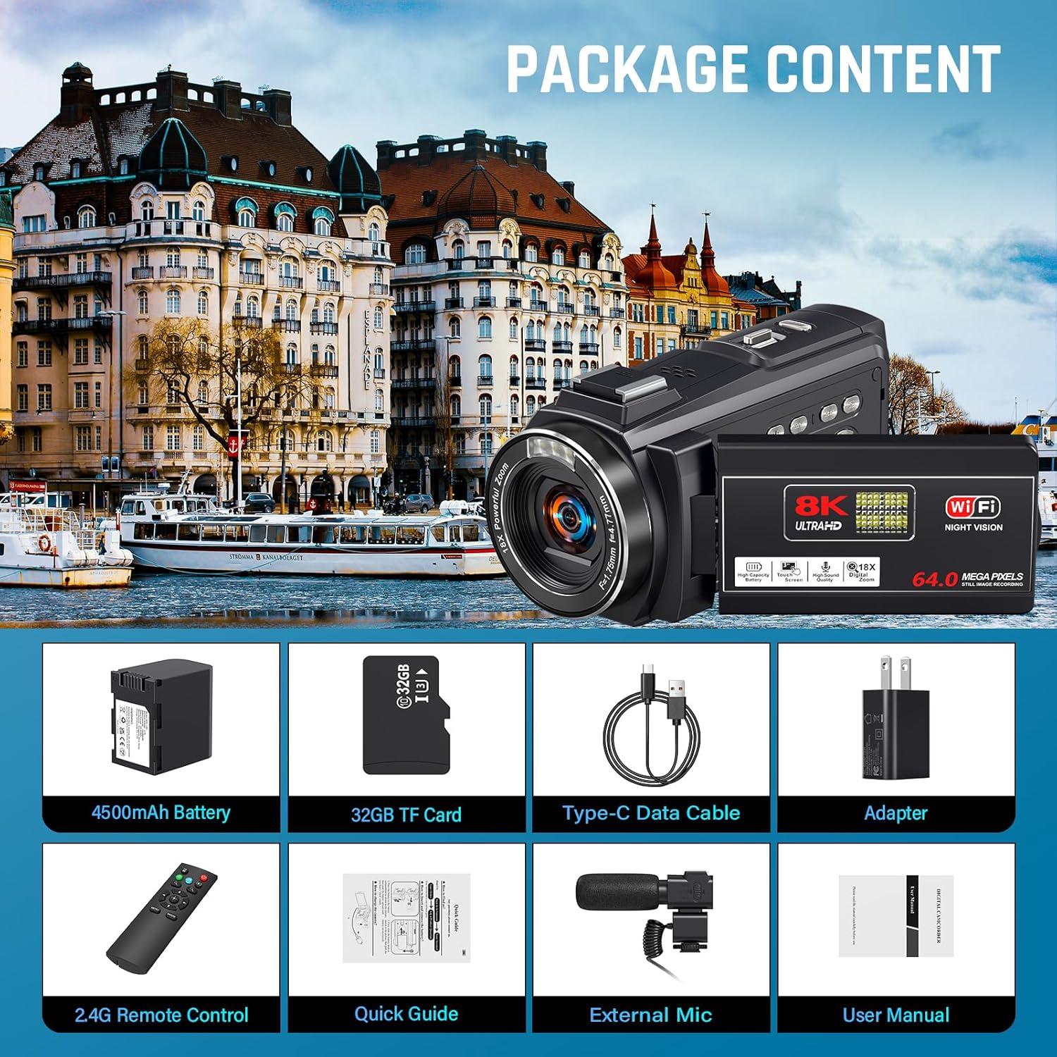 8K Video Camera 64MP Camcorder, 18X Digital Zoom with IR Night Version Vlogging Camera for Youtube, 3.0" IPS Touch Screen with one 4500mAh Battery, 32GB TF Card, Remote Control, Mic, and Adapter