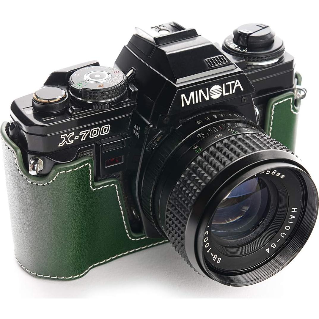 Funda de Cuero Real BolinUS para Cámara Minolta X-700 Verde