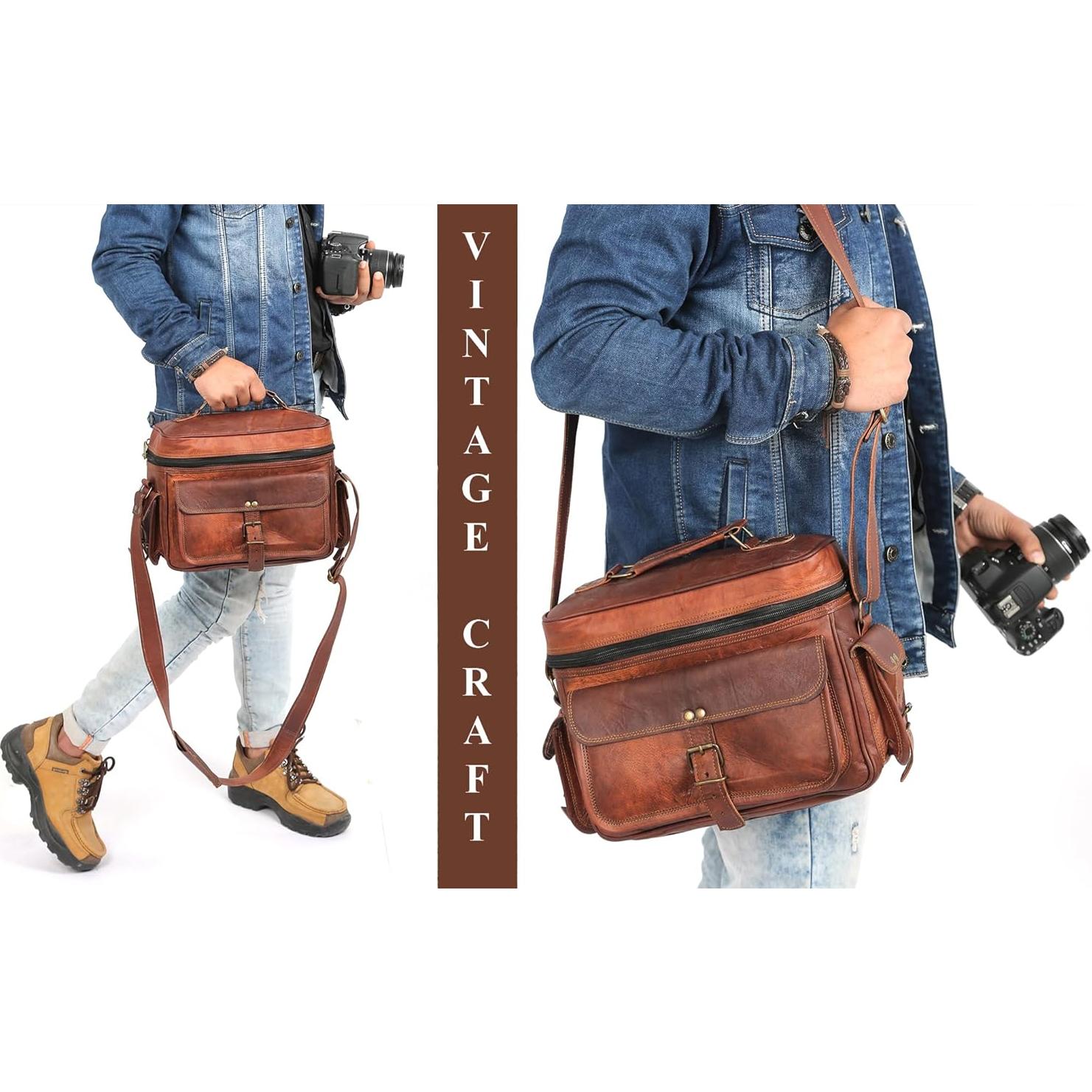 Bolsa Mensajera de Cuero Vintage para Cámara DSLR - 28x23x13cm