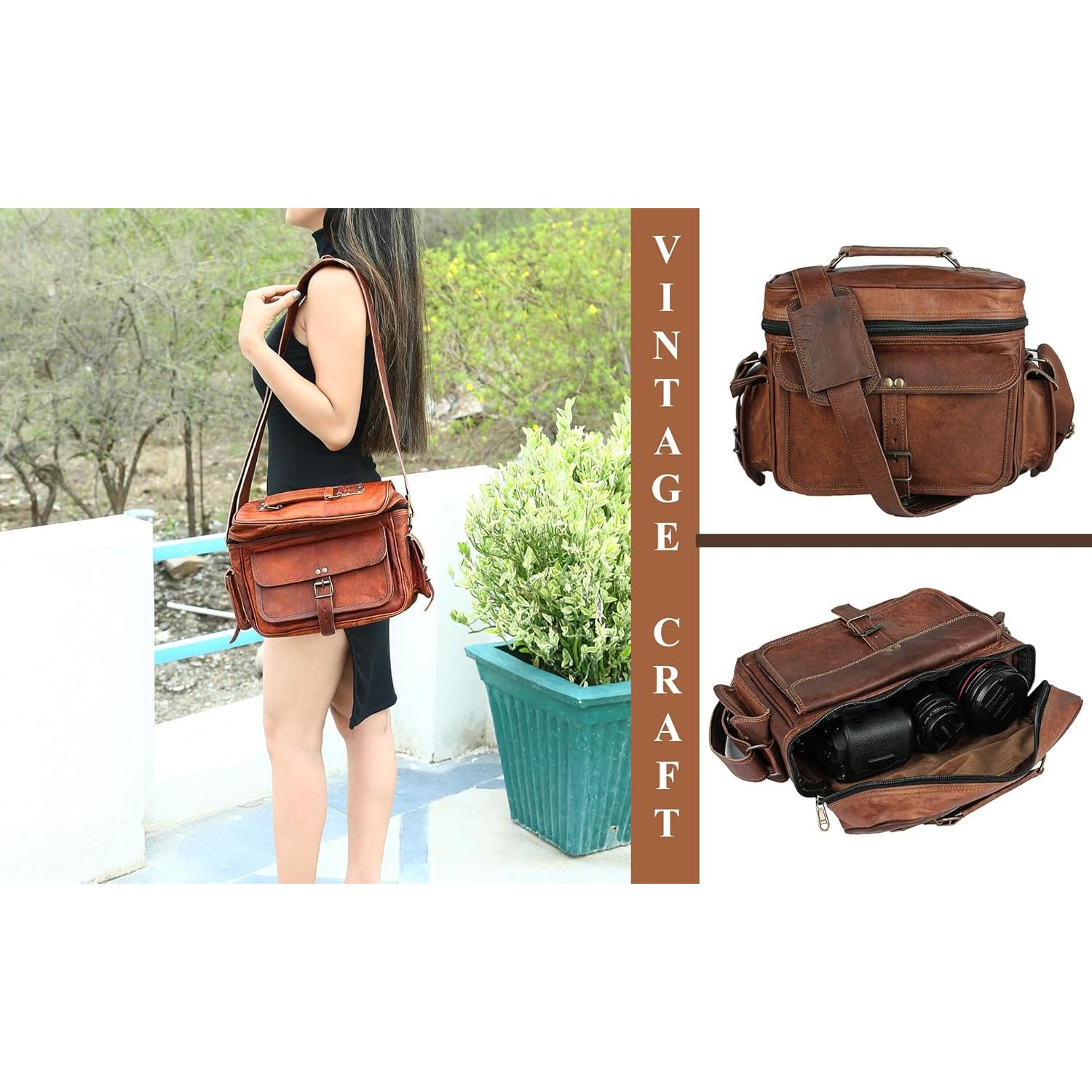 Bolsa Mensajera de Cuero Vintage para Cámara DSLR - 28x23x13cm