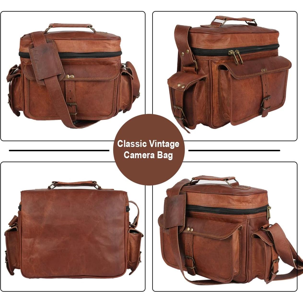 Bolsa Mensajera de Cuero Vintage para Cámara DSLR - 28x23x13cm