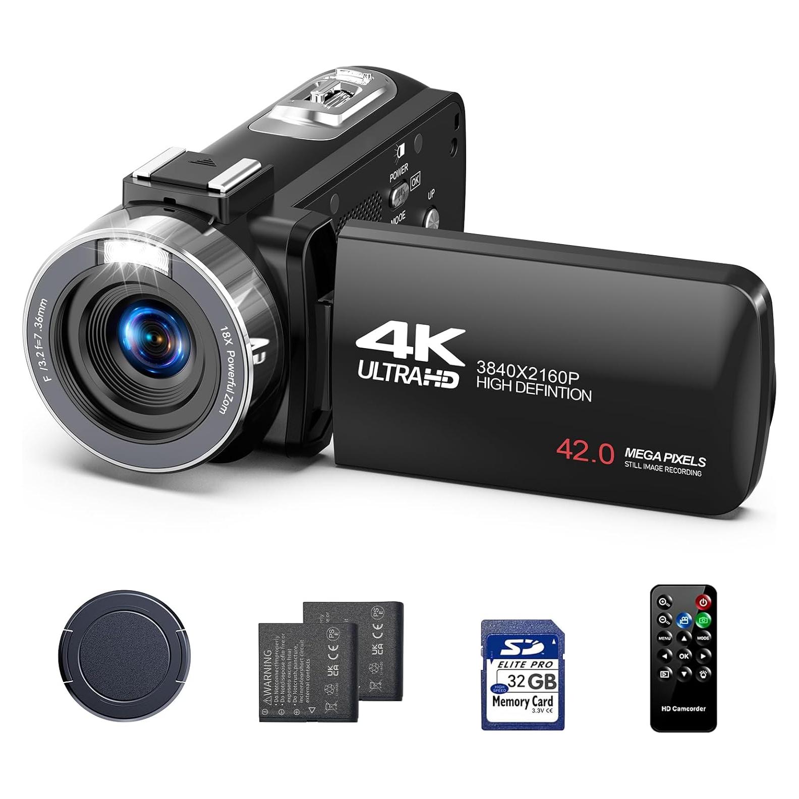 Camcorder Video Camera, Digital Camera 42MP 4K Camera for Vlogging with 18X Digital Zoom 3” 270° Rotation Screen Cam Corder for YouTube with 2 Batteries, 32GB SD Card, Remote Control