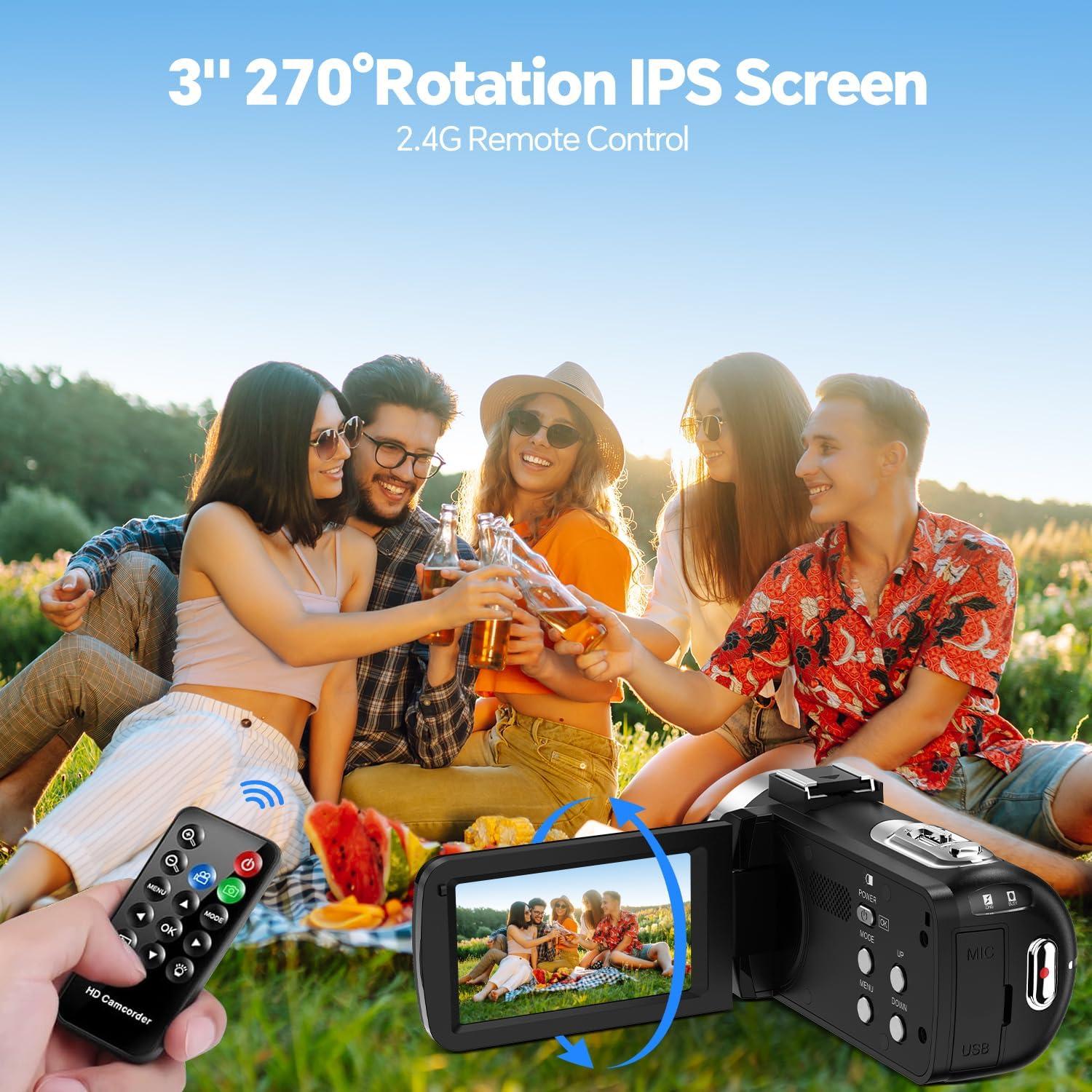 Camcorder Video Camera, Digital Camera 42MP 4K Camera for Vlogging with 18X Digital Zoom 3” 270° Rotation Screen Cam Corder for YouTube with 2 Batteries, 32GB SD Card, Remote Control