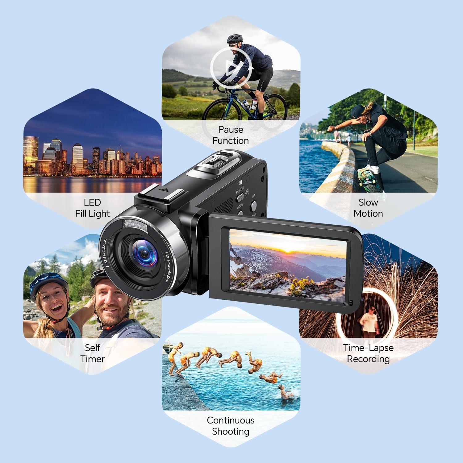 Camcorder Video Camera, Digital Camera 42MP 4K Camera for Vlogging with 18X Digital Zoom 3” 270° Rotation Screen Cam Corder for YouTube with 2 Batteries, 32GB SD Card, Remote Control