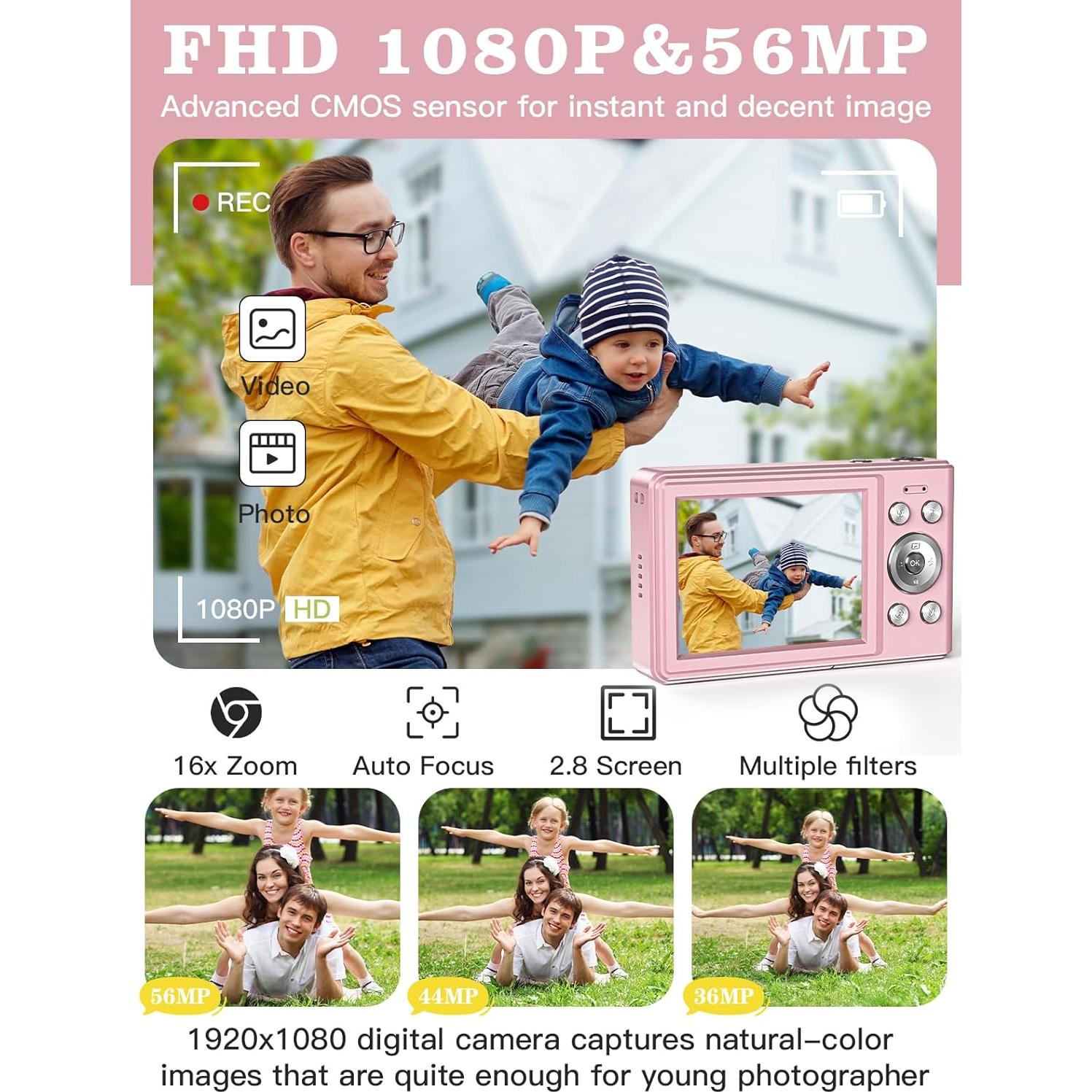 Cámara Digital Fleafer C15 Rosa 56MP FHD 1080P Zoom 16x