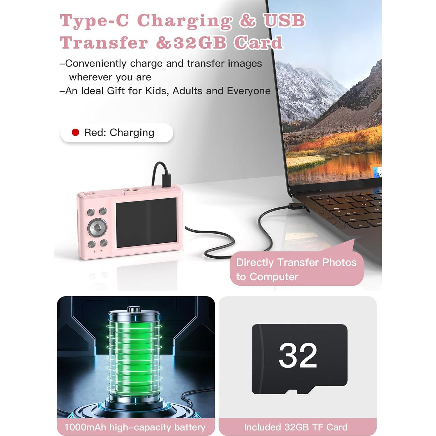 Cámara Digital Fleafer C15 Rosa 56MP FHD 1080P Zoom 16x