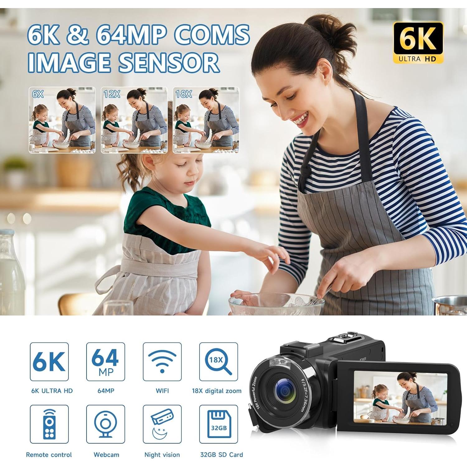 VETEK Video Camera Camcorder, 6K 64MP IR Night Vision Vlogging Camera 18X Zoom WiFi Digital Camera for YouTube 3.0'' Touch Screen Recorder with 32GB SD Card, Microphone & 2.4G Remote Control