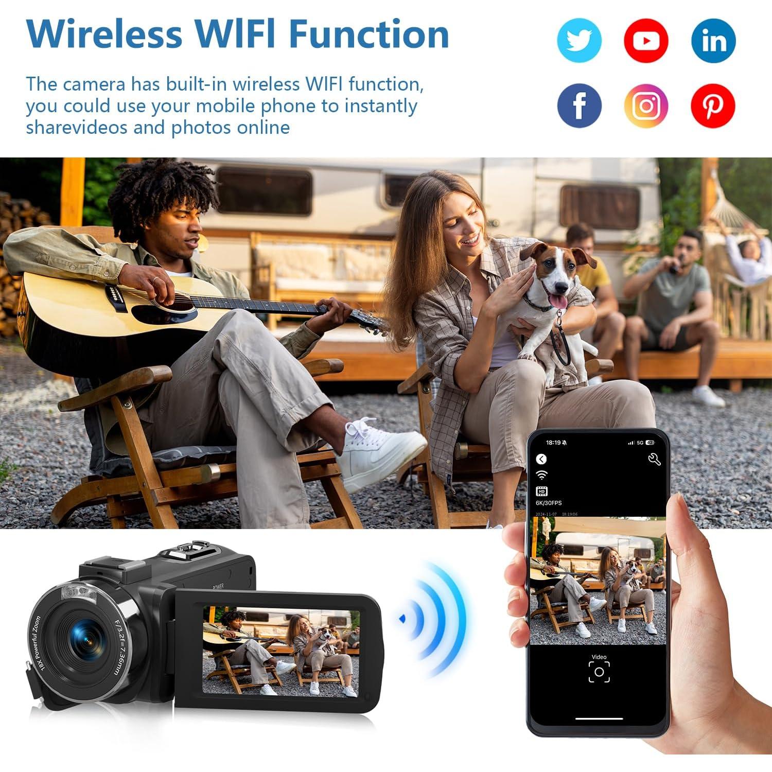 VETEK Video Camera Camcorder, 6K 64MP IR Night Vision Vlogging Camera 18X Zoom WiFi Digital Camera for YouTube 3.0'' Touch Screen Recorder with 32GB SD Card, Microphone & 2.4G Remote Control