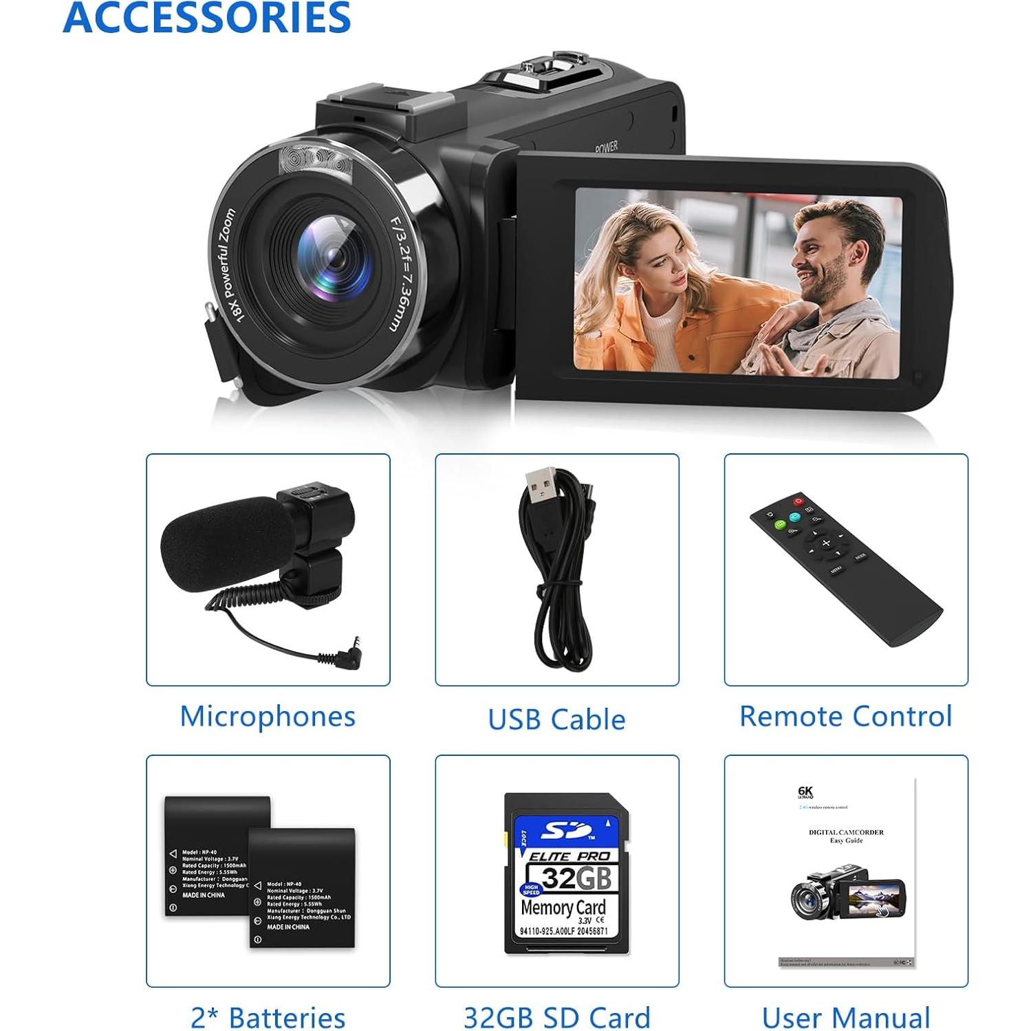VETEK Video Camera Camcorder, 6K 64MP IR Night Vision Vlogging Camera 18X Zoom WiFi Digital Camera for YouTube 3.0'' Touch Screen Recorder with 32GB SD Card, Microphone & 2.4G Remote Control