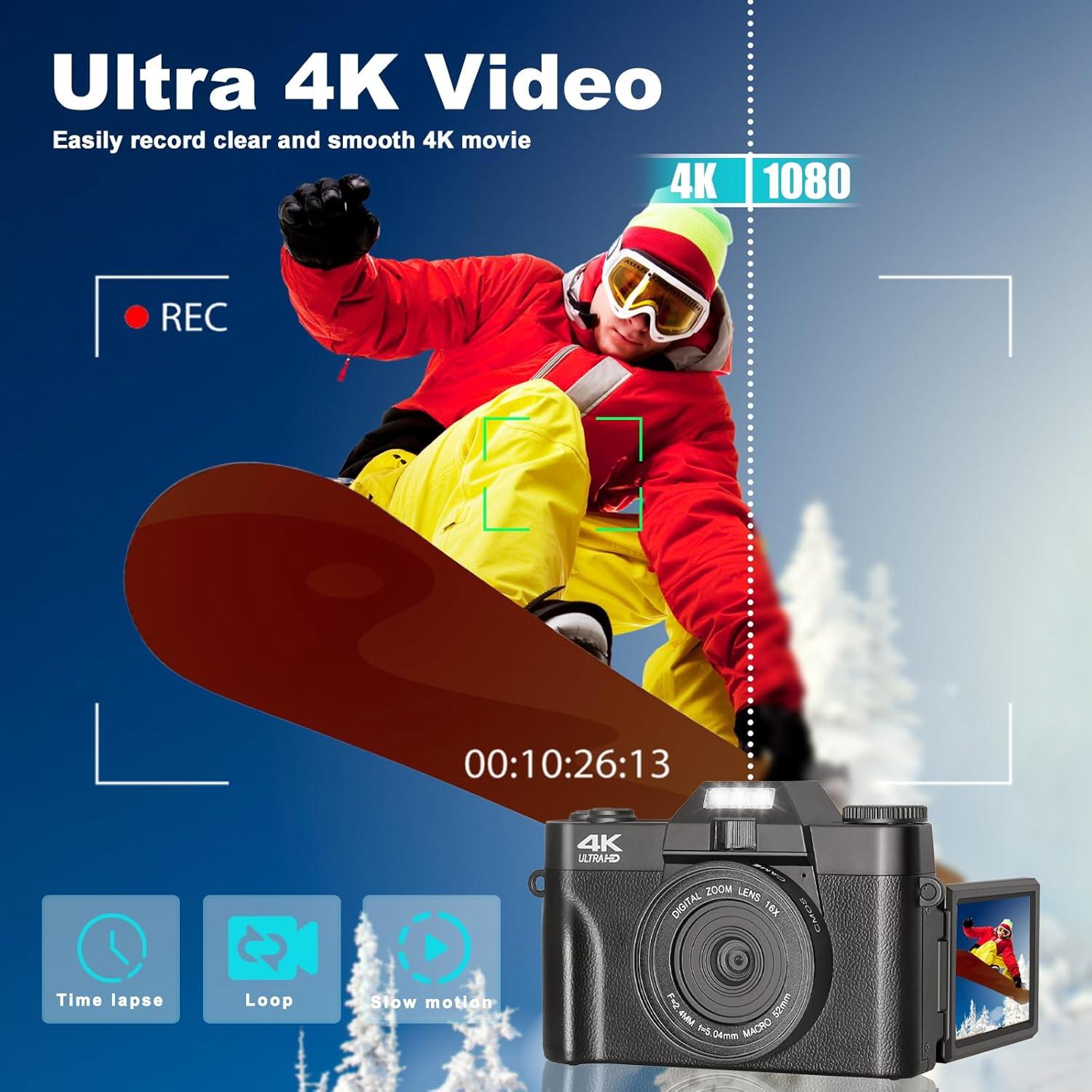 Cámara Digital 4K METRORABBIT 56MP con Pantalla Rotativa