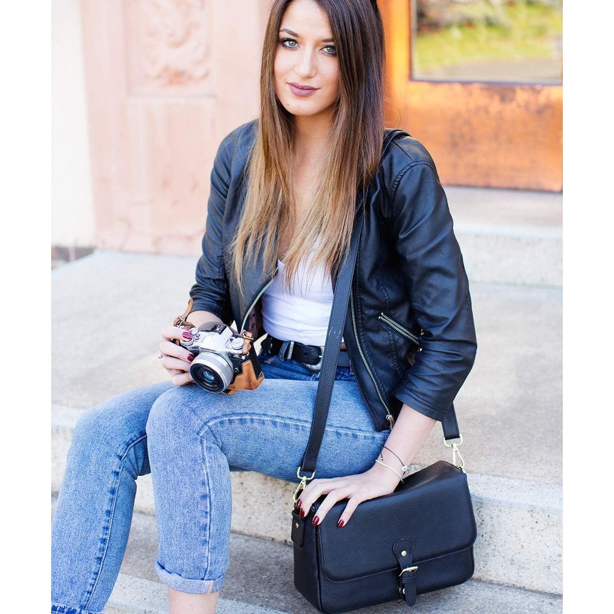 Bolso de cámara Meliae para mujeres, cuero negro, DSLR y sin espejo