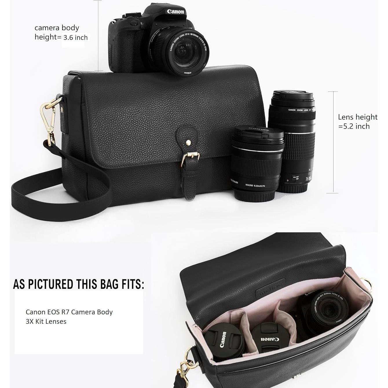 Bolso de cámara Meliae para mujeres, cuero negro, DSLR y sin espejo