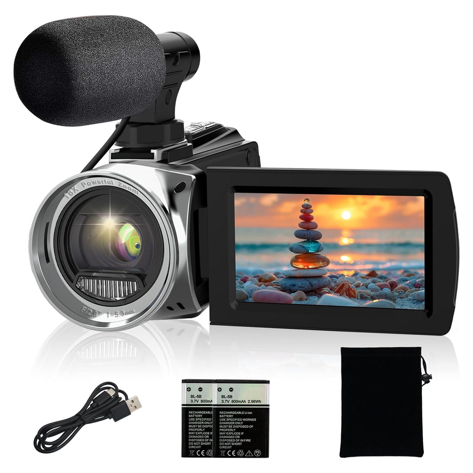 Video Camera Camcorder 4K 48MP Digital Vlogging Camera for YouTube 3.0 Inch 270°Rotation LCD Screen 18x Digital Zoom Video Recorder with Microphone, 2 Batteries