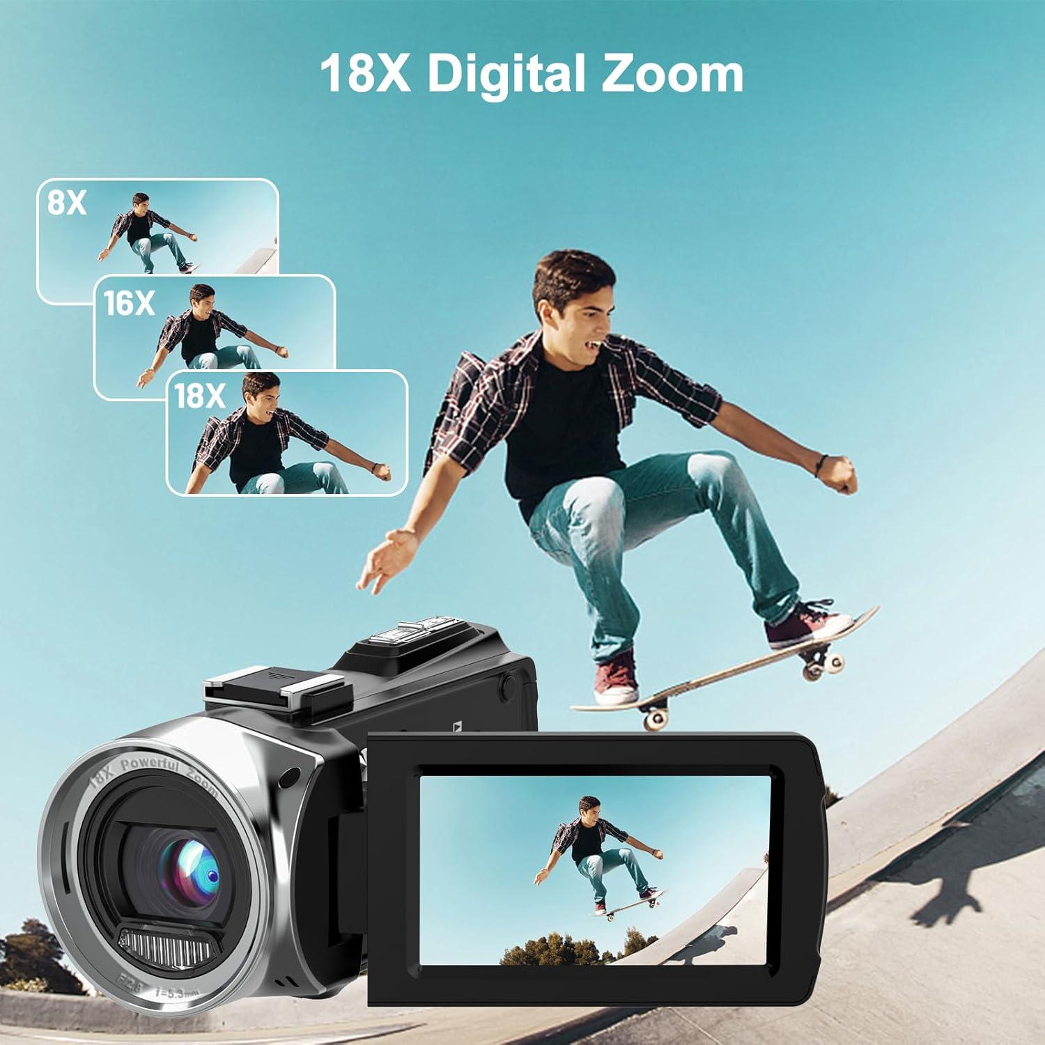 Video Camera Camcorder 4K 48MP Digital Vlogging Camera for YouTube 3.0 Inch 270°Rotation LCD Screen 18x Digital Zoom Video Recorder with Microphone, 2 Batteries
