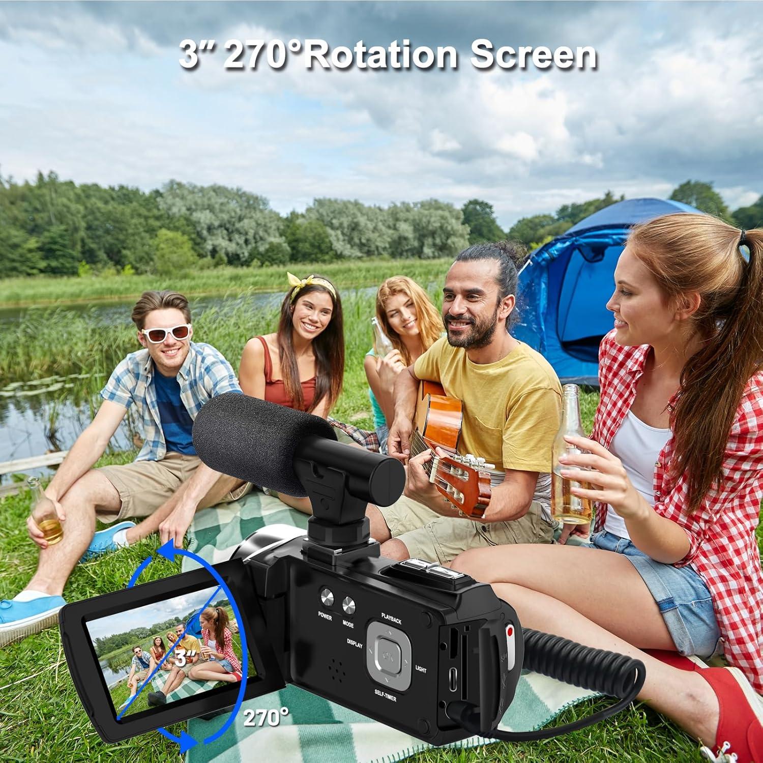 Video Camera Camcorder 4K 48MP Digital Vlogging Camera for YouTube 3.0 Inch 270°Rotation LCD Screen 18x Digital Zoom Video Recorder with Microphone, 2 Batteries