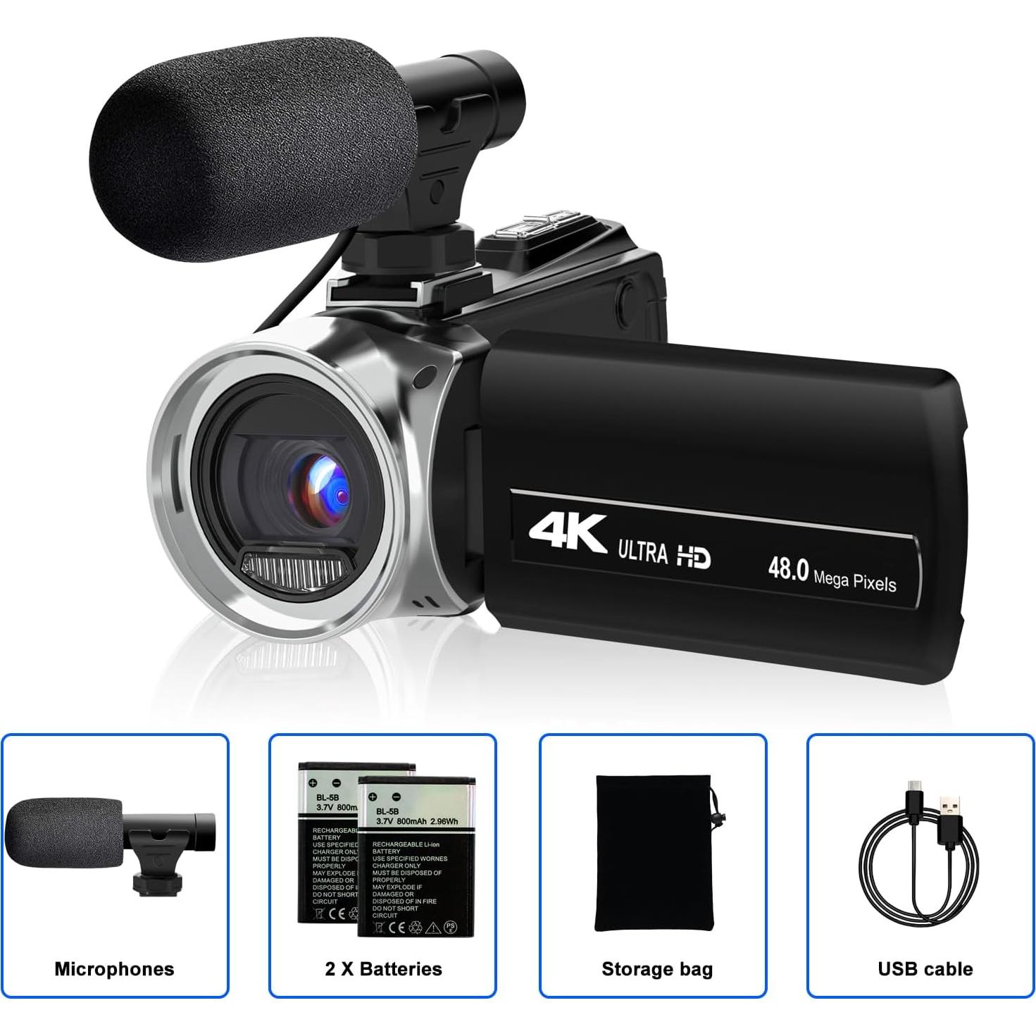 Video Camera Camcorder 4K 48MP Digital Vlogging Camera for YouTube 3.0 Inch 270°Rotation LCD Screen 18x Digital Zoom Video Recorder with Microphone, 2 Batteries