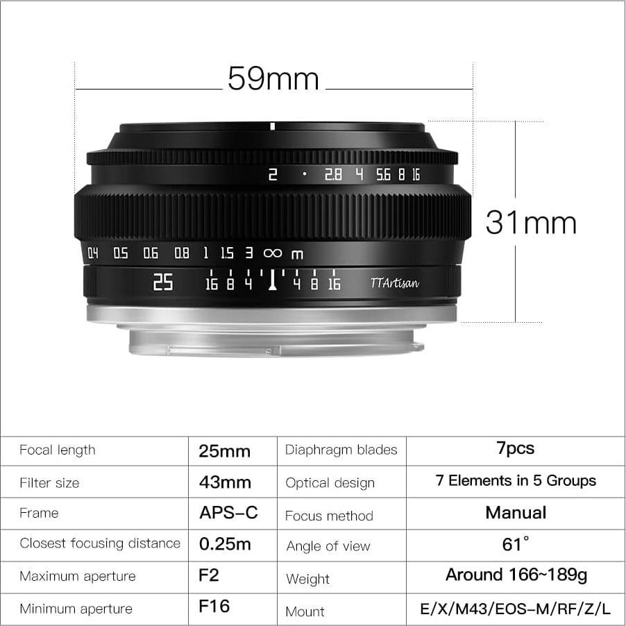 Lente Gran Angular TTArtisan 25mm F2 para Cámaras Fuji