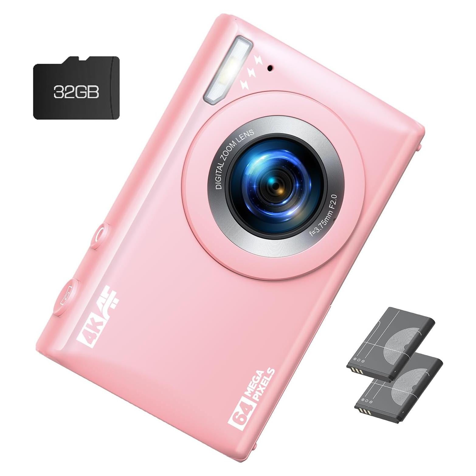 4K Digital Camera for Vlog 64MP Autofocus 32GB Card, Point and Shoot Digital Cameras with 18X Digital Zoom, 2 Batteries, Compact Travel Camera for Teens Boys Girls Kids Pink